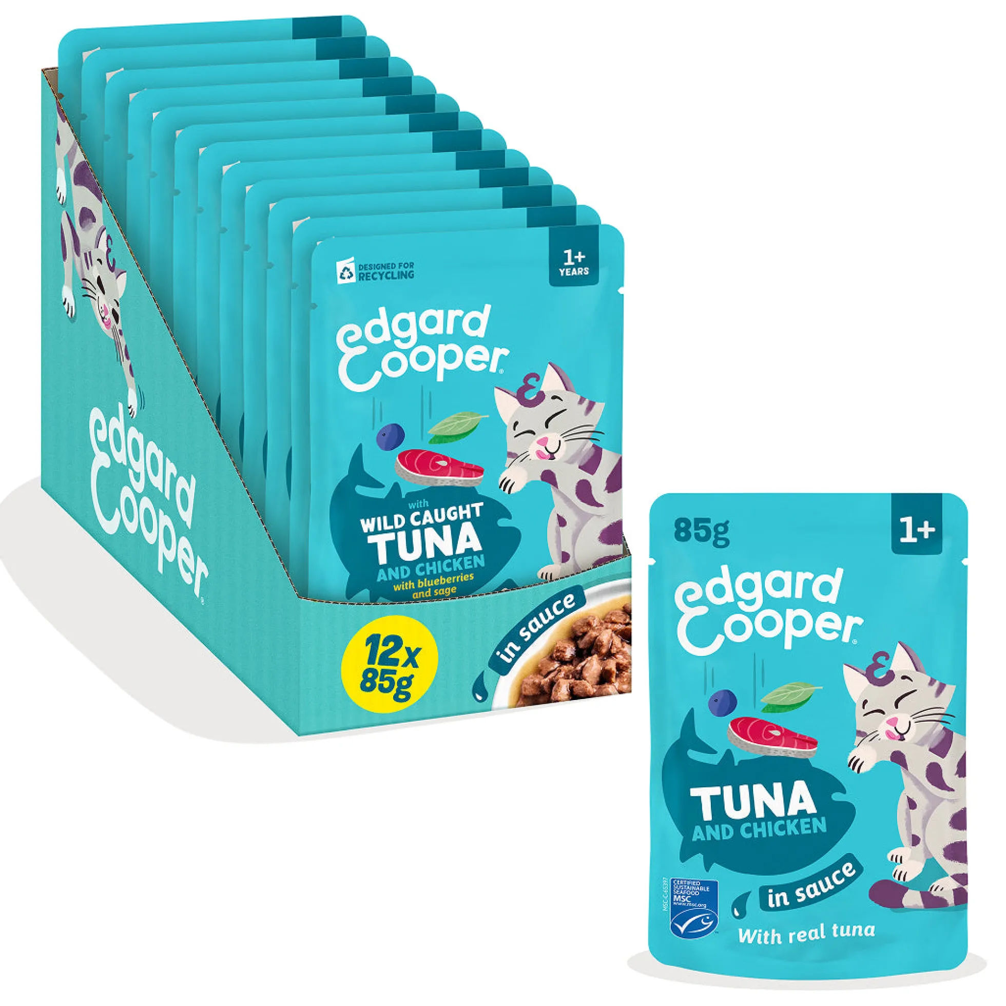 Sobres de comida húmeda Atún & Pollo en Salsa para Gatos Adultos | Edgard & Cooper 85 g