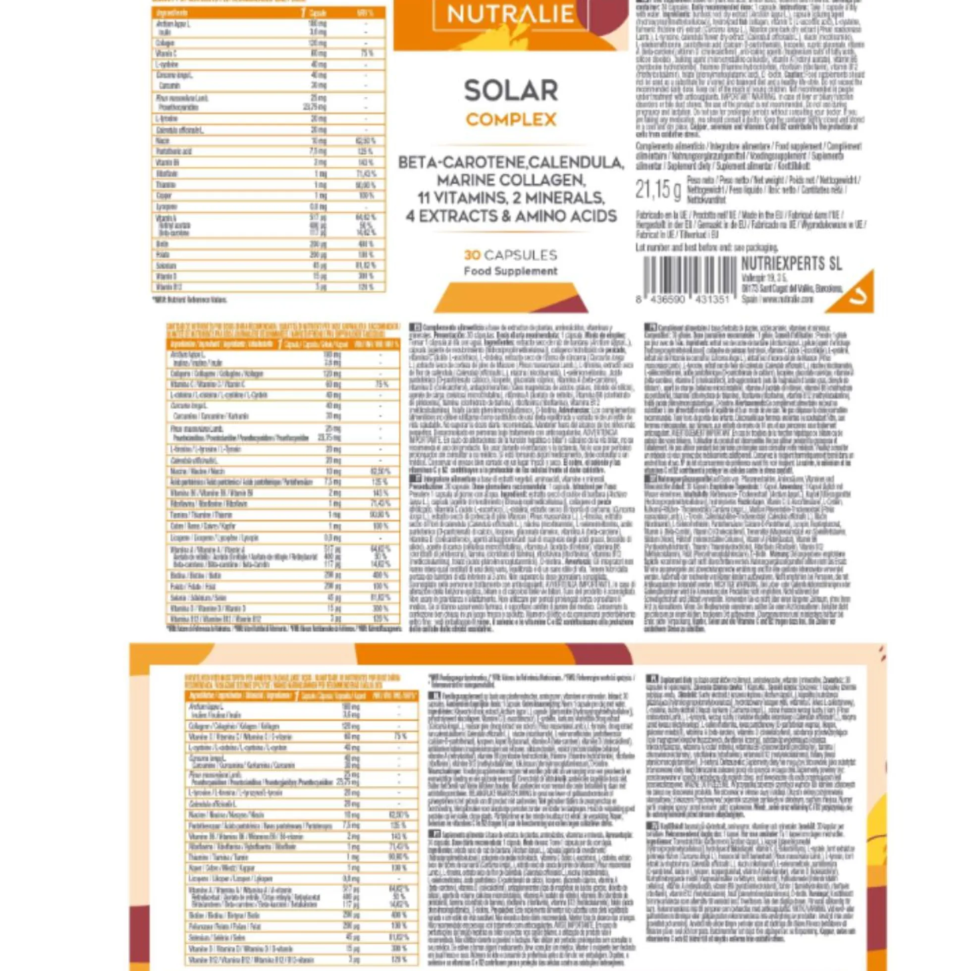 Solar Complex con Colágeno Bronceador y Protector Nutralie 30 cápsulas