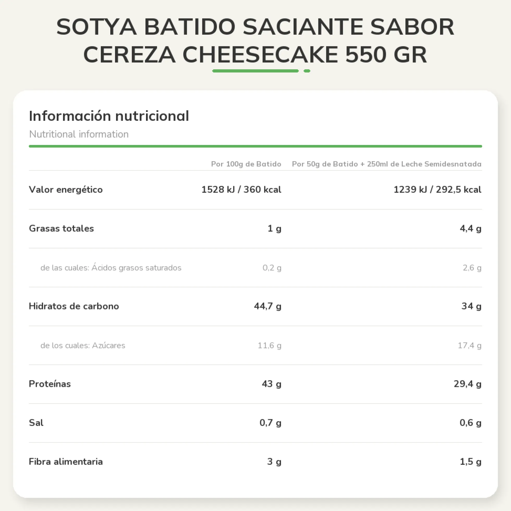 SOTYA Batido saciante sabor cereza cheesecake 550 gr