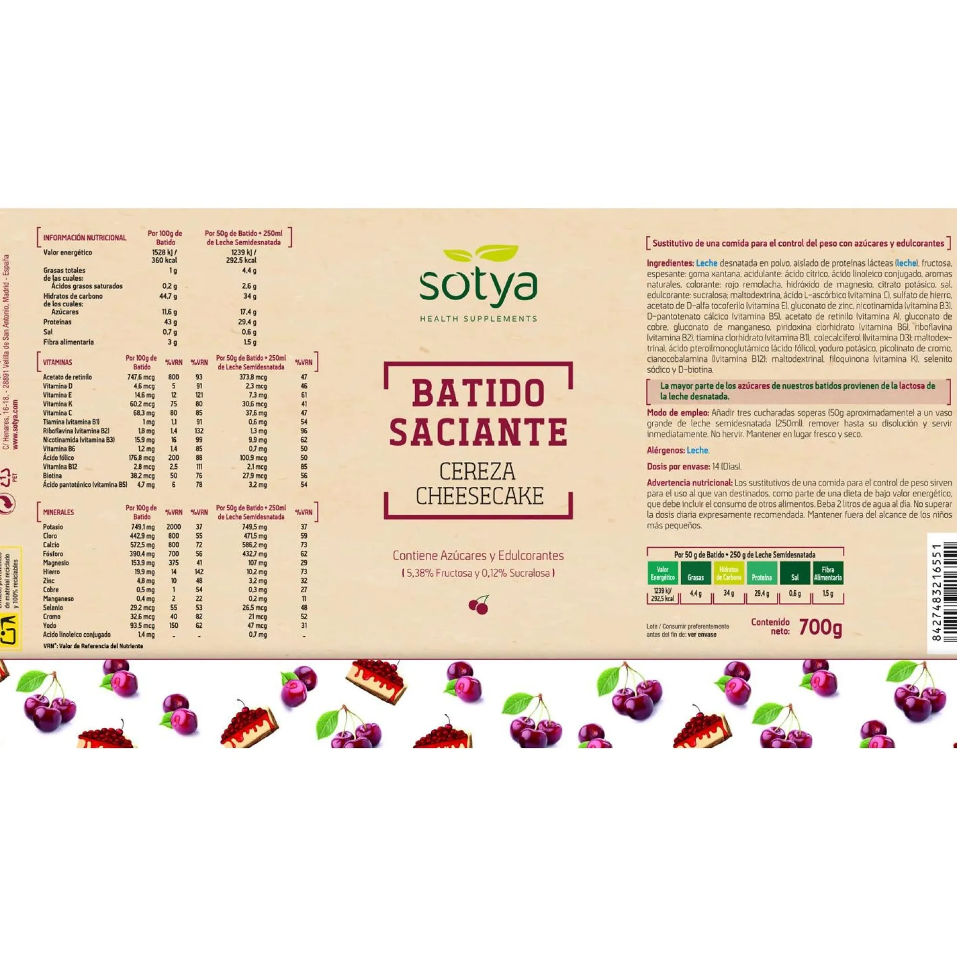 SOTYA Batido saciante sabor cereza cheesecake 550 gr