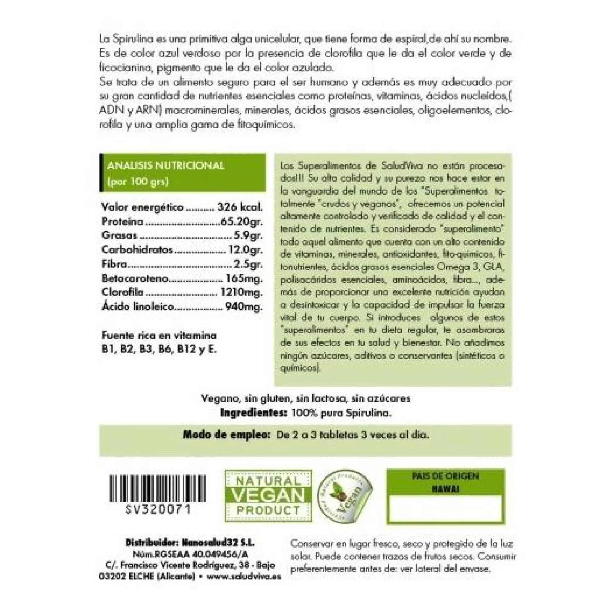 Spirulina ECO 260 tabletas 125 g, Salud Viva