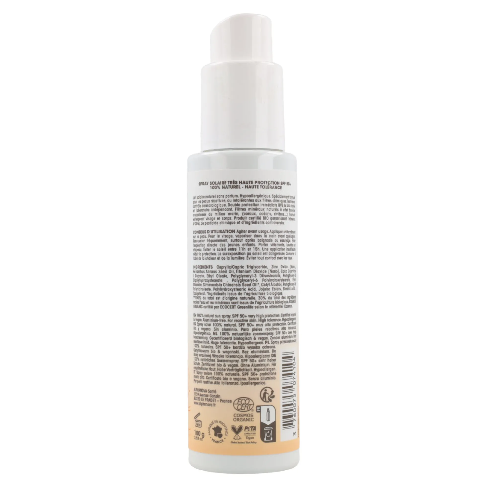 Spray solar FPS50+ sensible bio Alphanova 100 ml