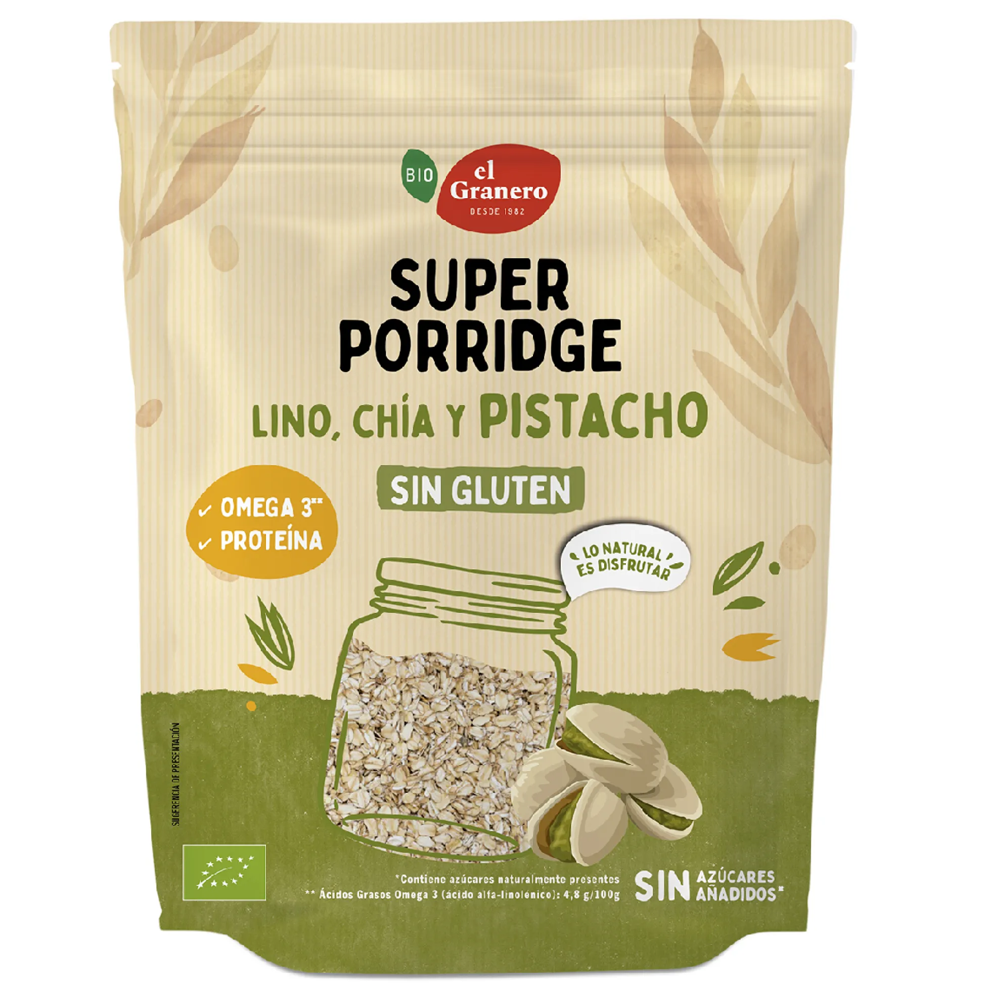 Super Porridge Copos de Avena Sin Gluten con Pistacho, Lino y Chia BIO El Granero 350 g