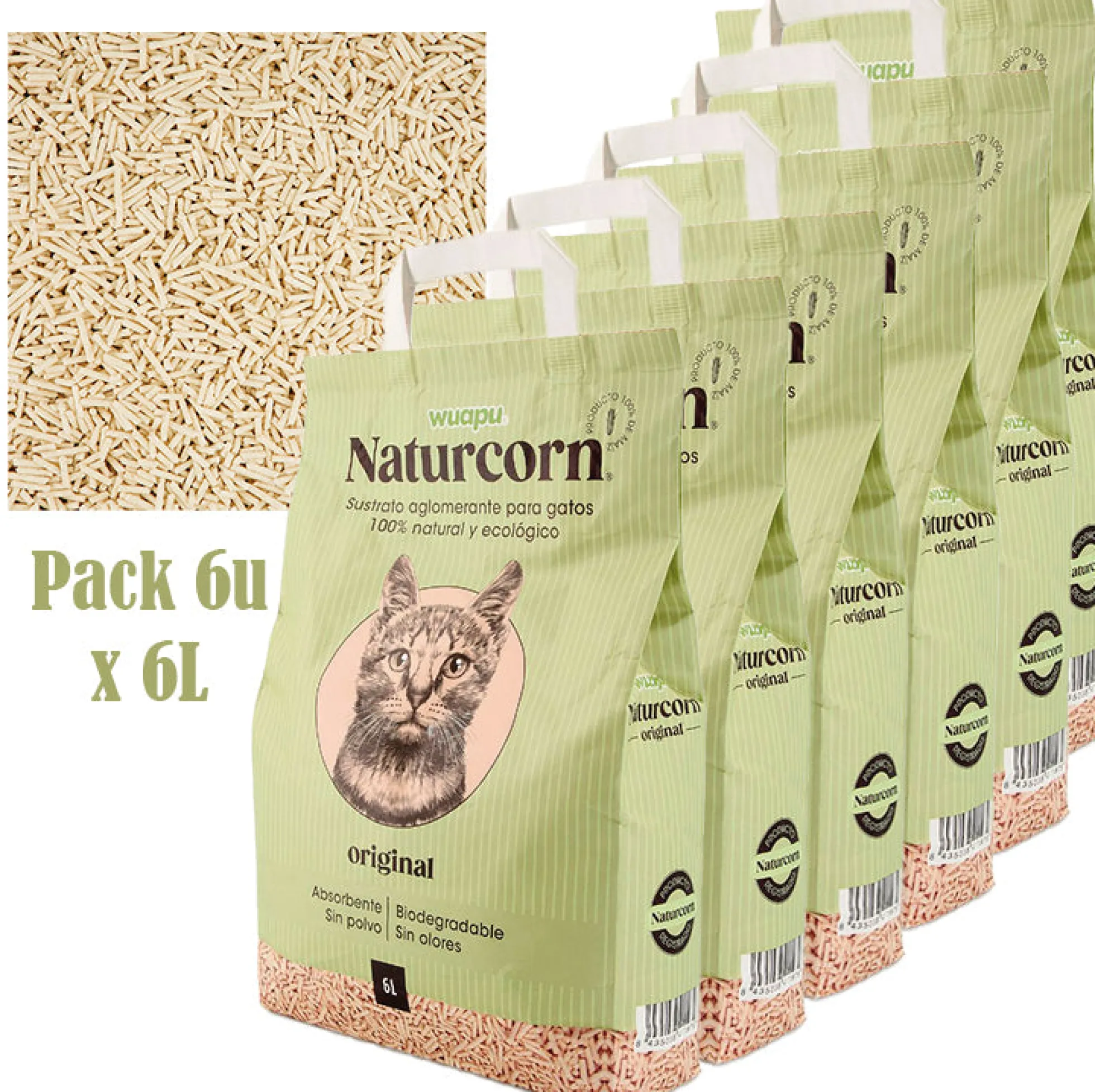 Sustrato Absorbente Wuapu Naturcorn Original En Pelet Biodegradable Para Gato 1 U 6l