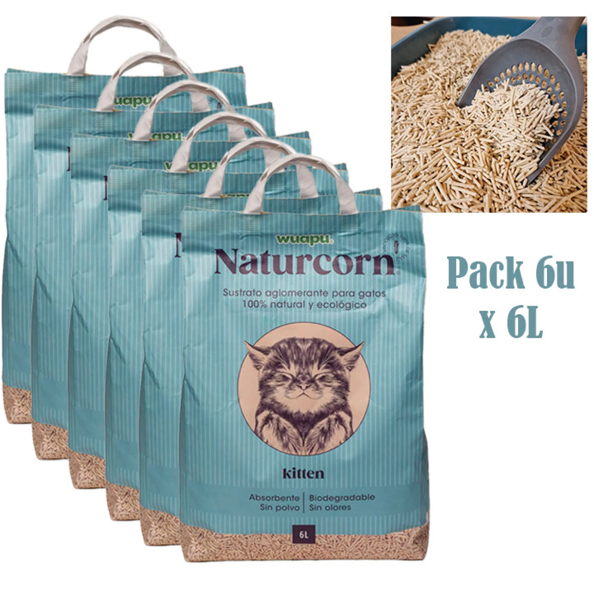 Sustrato Absorbente Wuapu Naturcorn Kitty En Mini Pelet Biodegradable Para Gato 1 U 6l