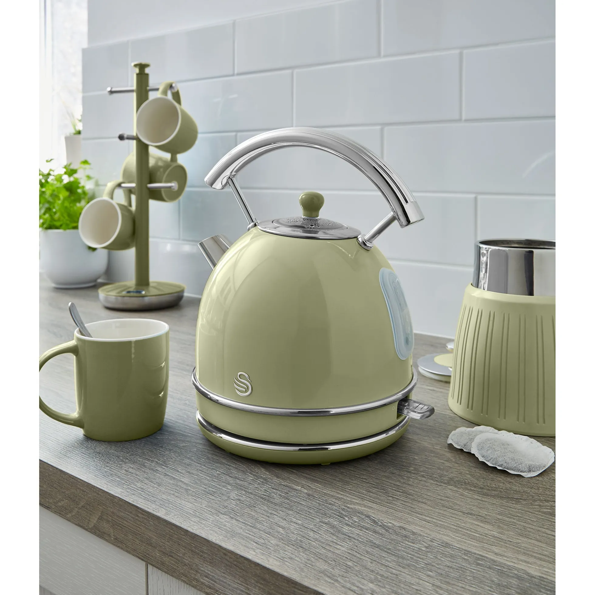 Swan Retro Set Desayuno Hervidor De Agua 1,8 L Inalámbrico, Tostadora 2 Rebanadas Anchas, Vintage, Stp7050gneu, Verde