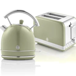 Swan Retro Set Desayuno Hervidor De Agua 1,8 L Inalámbrico, Tostadora 2 Rebanadas Anchas, Vintage, Stp7050gneu, Verde