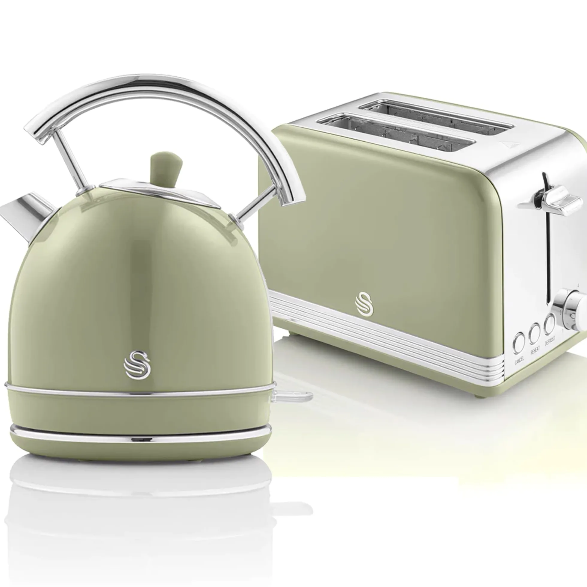 Swan Retro Set Desayuno Hervidor De Agua 1,8 L Inalámbrico, Tostadora 2 Rebanadas Anchas, Vintage, Stp7050gneu, Verde