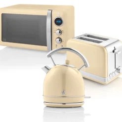 Swan Retro Set Desayuno Hervidor Agua 1,8l, Tostadora 2 Rebanadas, Microondas Digital 20l, Vintage, Strp2070cneu, Crema