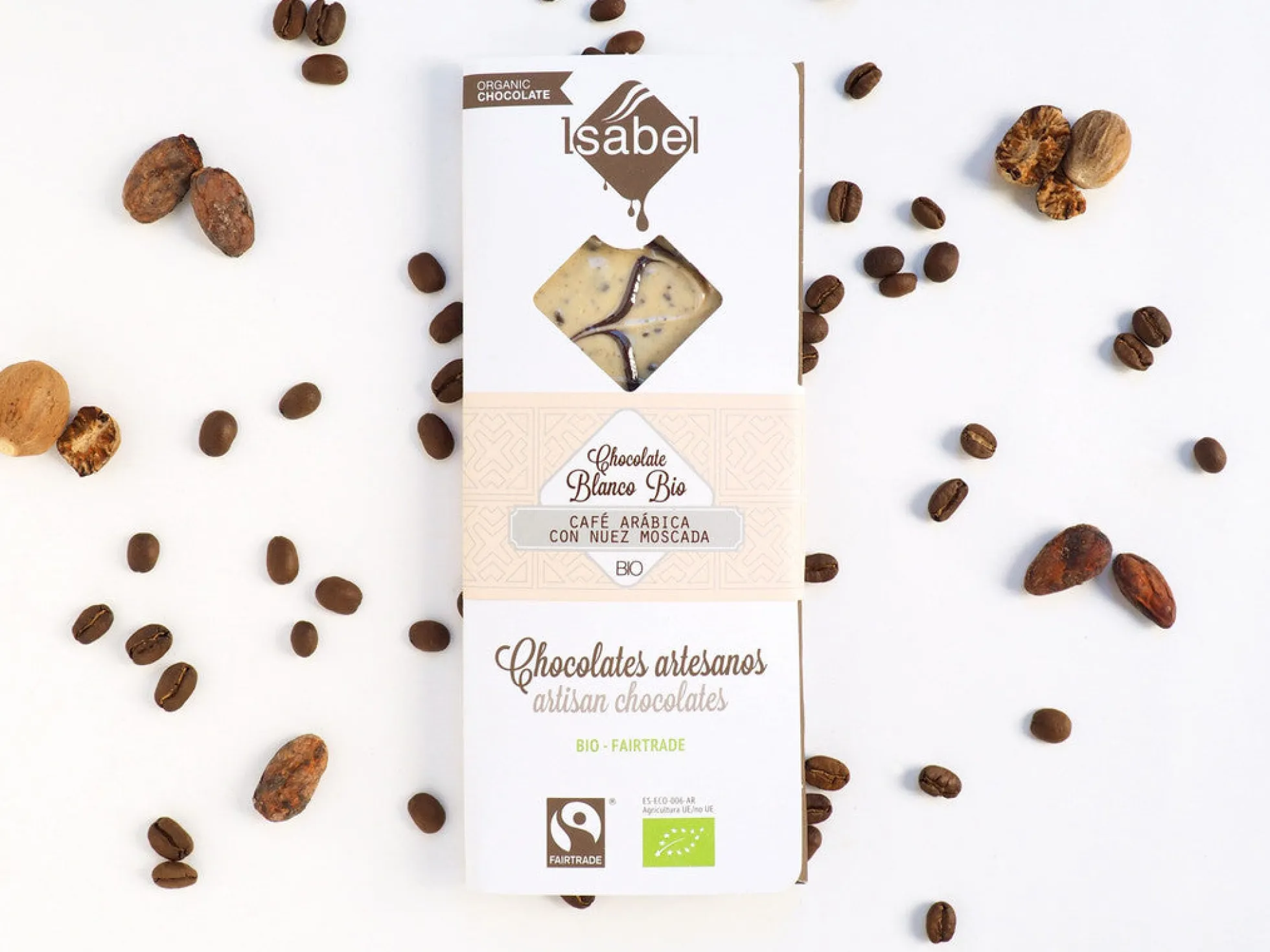 TABLETA BIO CHOCOLATE BLANCO, CAFÉ ARÁBICA Y NUEZ MOSCADA