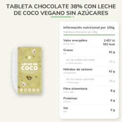Tableta chocolate 38% con leche de coco vegano sin azúcares añadidos ECO Planeta Huerto 70 g
