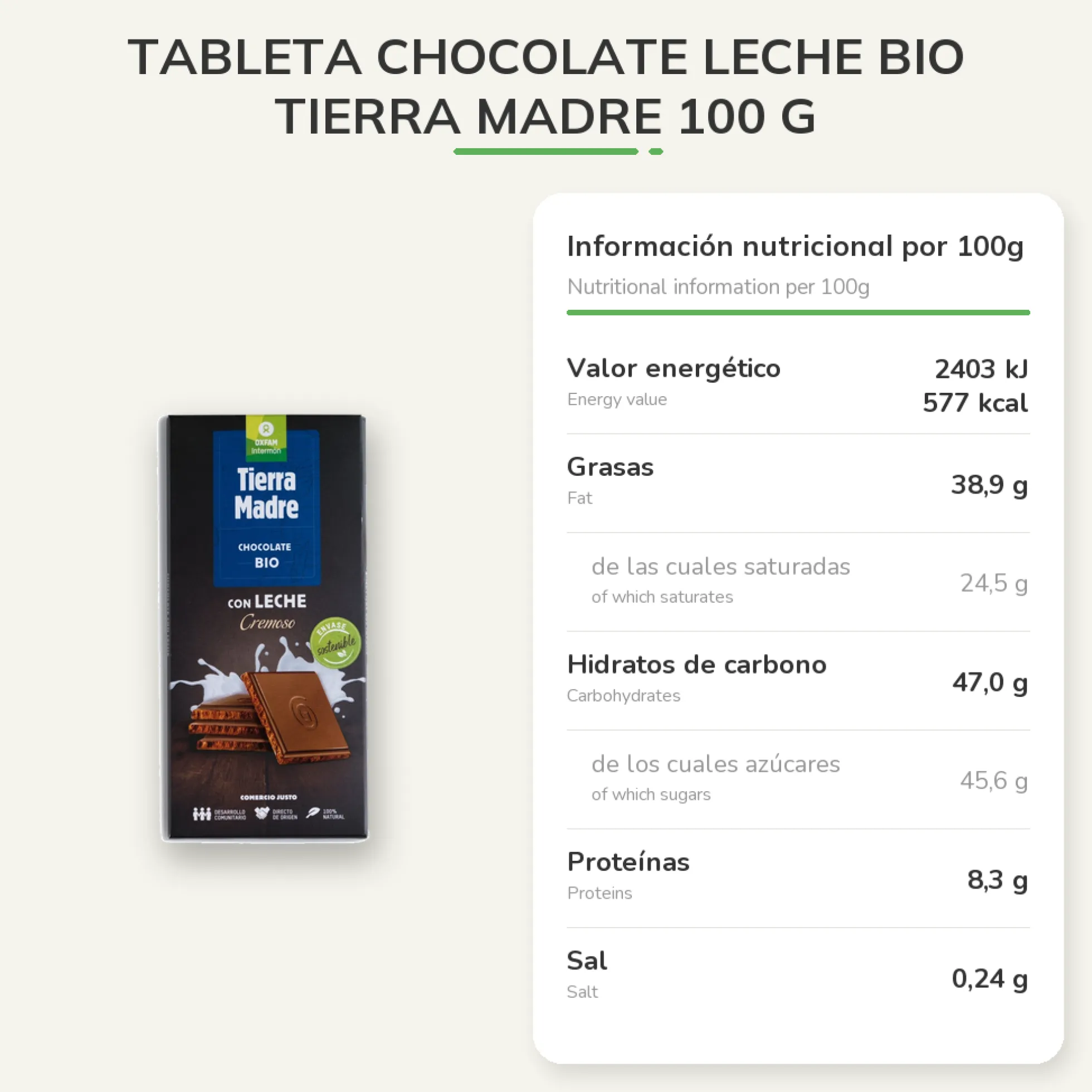 Tableta Chocolate Leche Bio Tierra Madre 100 g