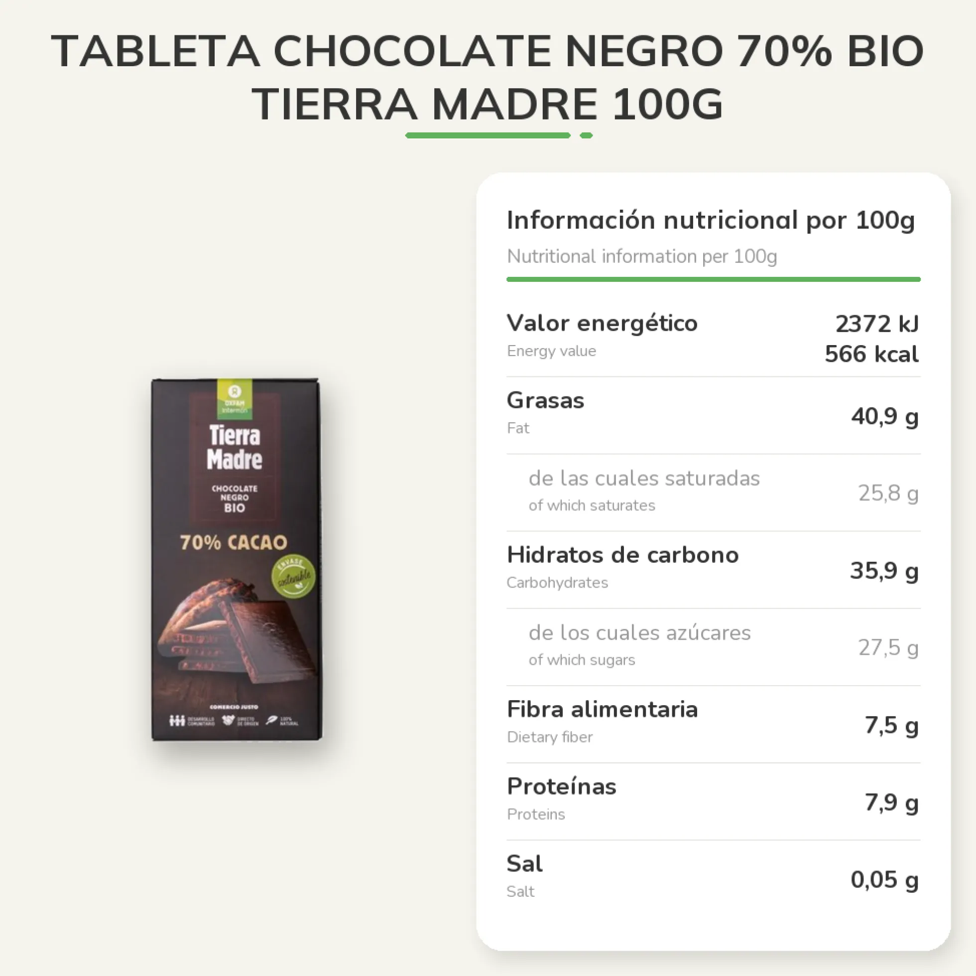 Tableta chocolate negro 70% Bio Tierra Madre 100g