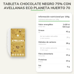 Tableta chocolate negro 75% con avellanas ECO Planeta Huerto 70 gr