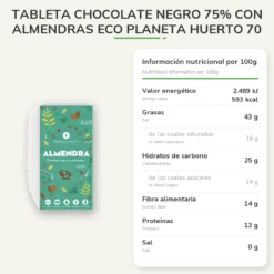 Tableta chocolate negro 75% con almendras ECO Planeta Huerto 70 gr