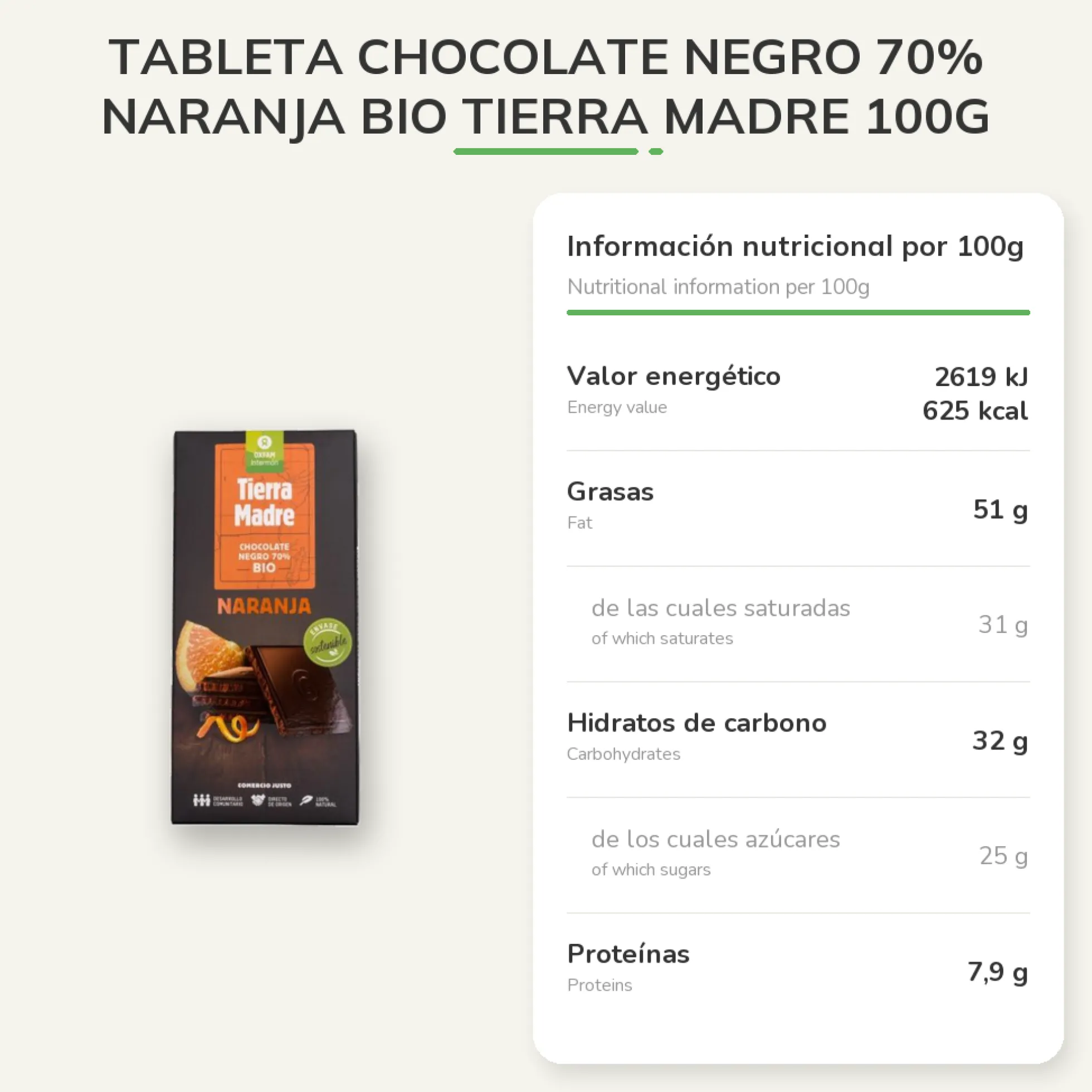 Tableta chocolate negro 70% Naranja Bio Tierra madre 100g