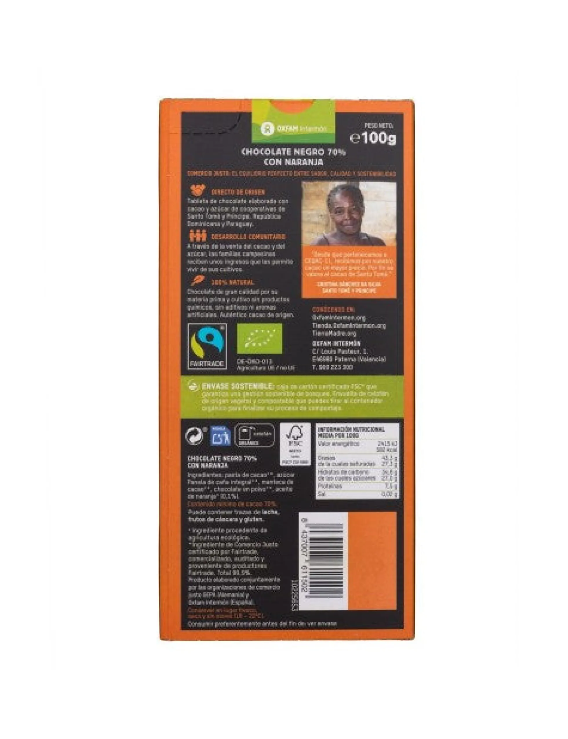 Tableta chocolate negro 70% Naranja Bio Tierra madre 100g
