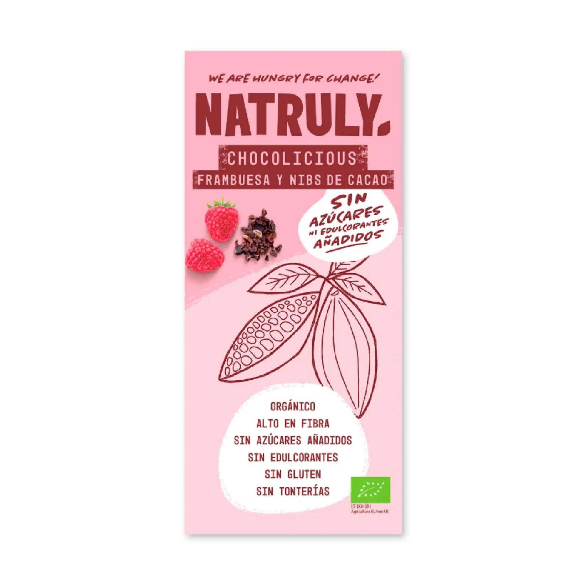 Tableta Chocolicious BIO chocolate con frambuesa y nibs de cacao Natruly 85 g