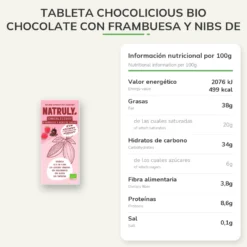 Tableta Chocolicious BIO chocolate con frambuesa y nibs de cacao Natruly 85 g