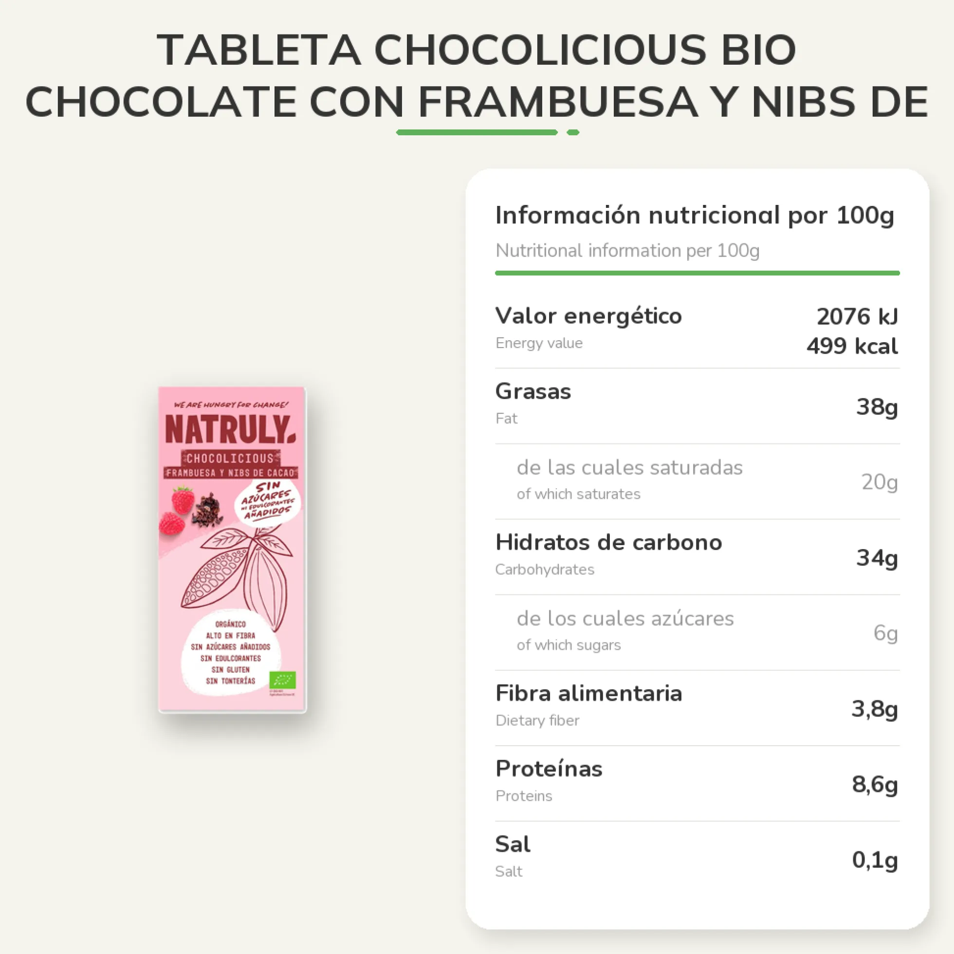 Tableta Chocolicious BIO chocolate con frambuesa y nibs de cacao Natruly 85 g