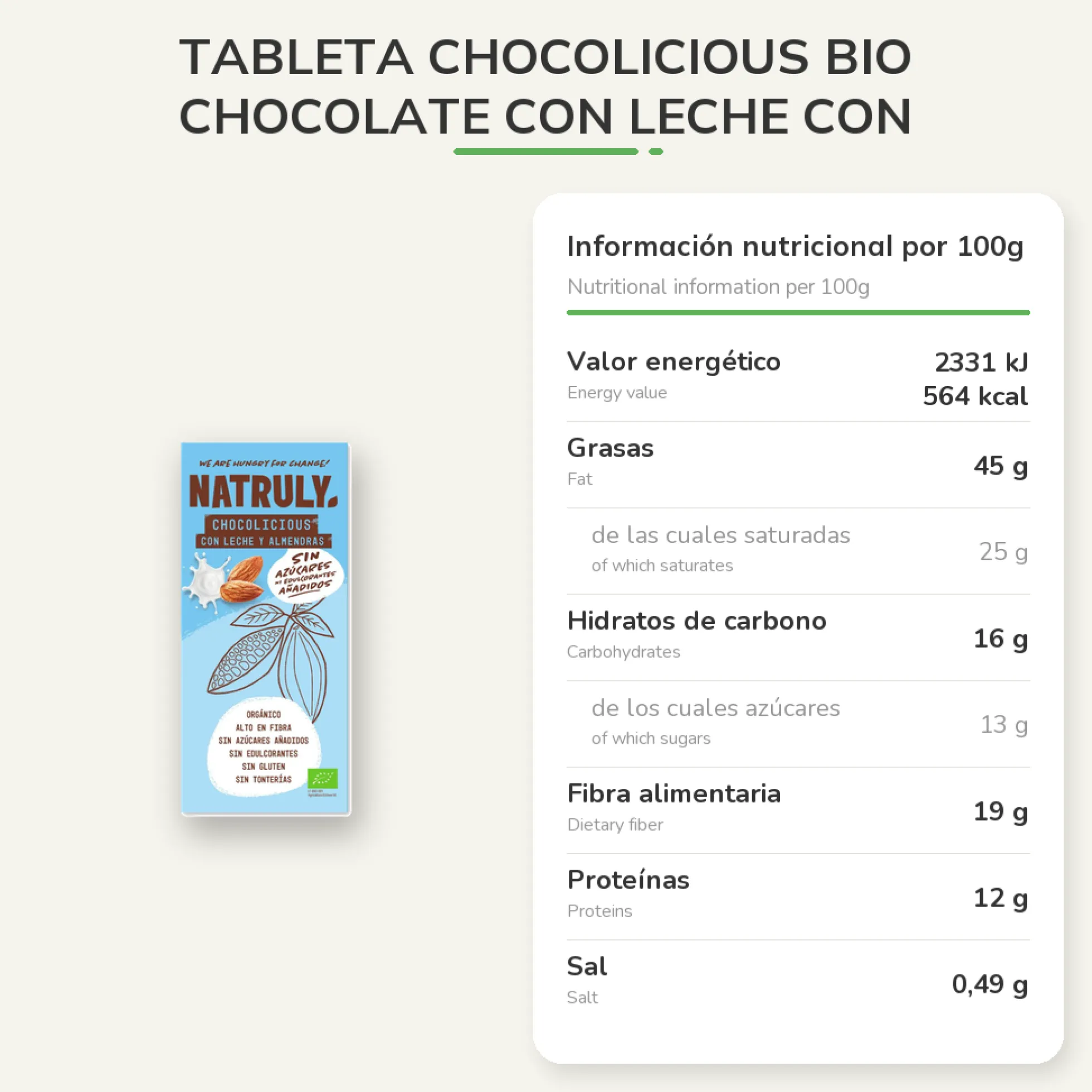Tableta Chocolicious BIO chocolate con leche con almendra Natruly 85 g
