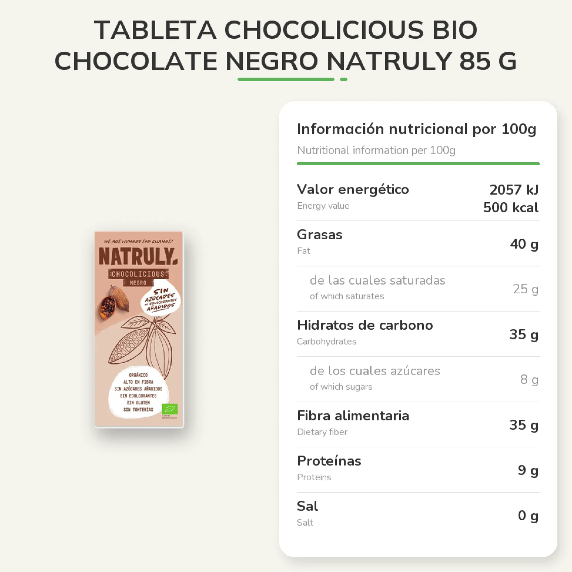 Tableta Chocolicious BIO chocolate negro Natruly 85 g