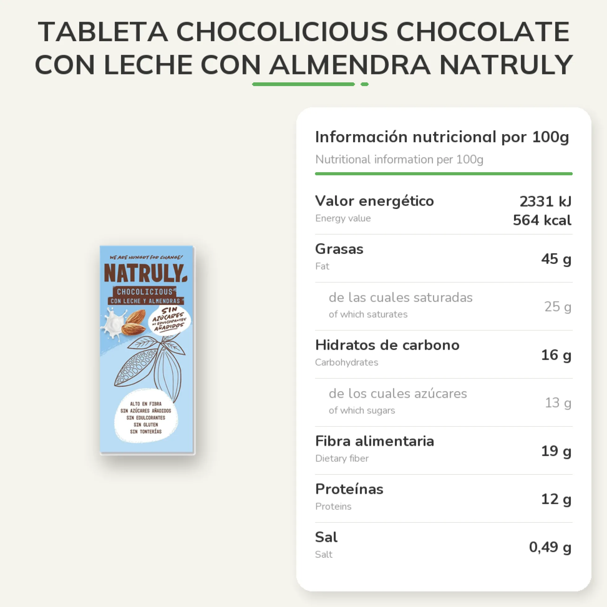 Tableta Chocolicious chocolate con Leche con Almendra Natruly 85 g