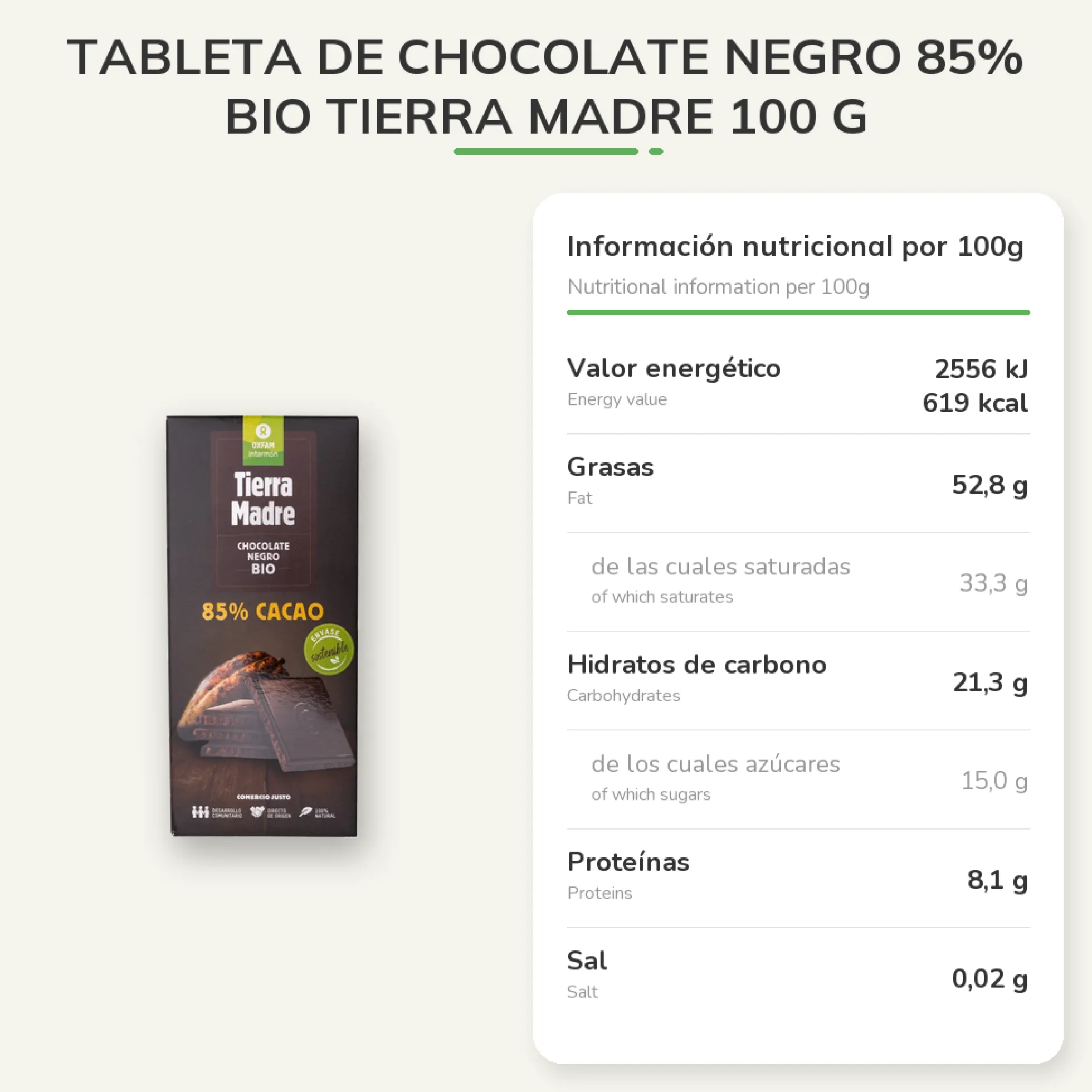 Tableta De Chocolate Negro 85% Bio Tierra Madre 100 g