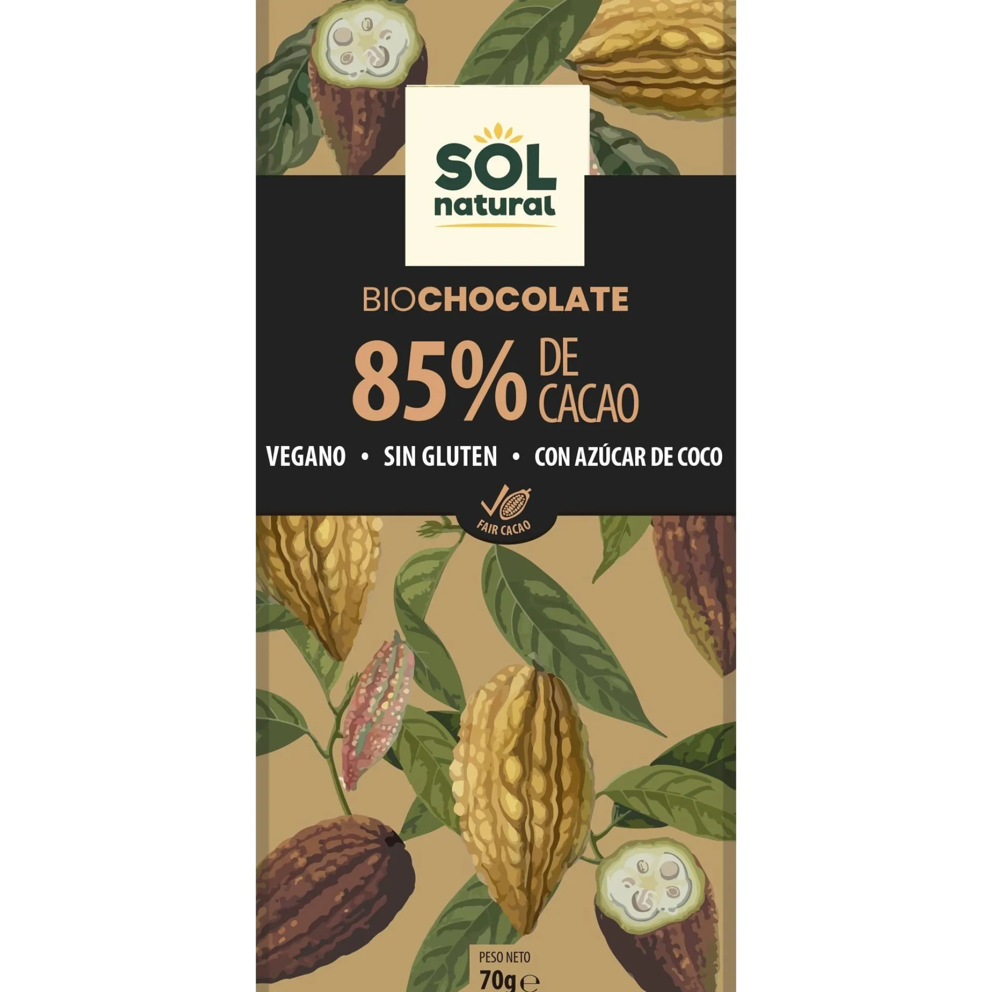 Tableta de Chocolate Negro Vegano 85% Bio Sol Natural 70 g