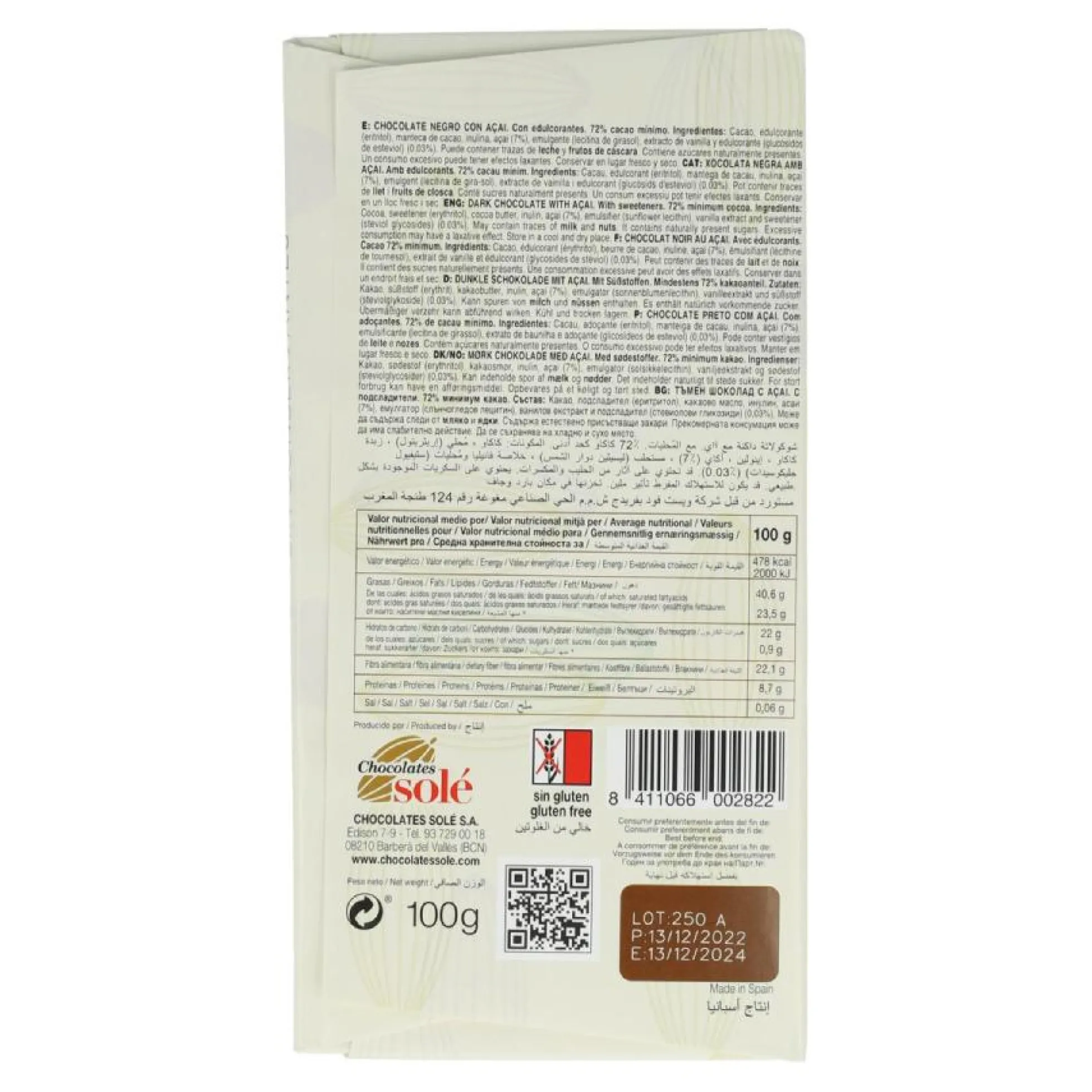 Tableta de chocolate 72% Stevia Açai Bitter 100g Solé