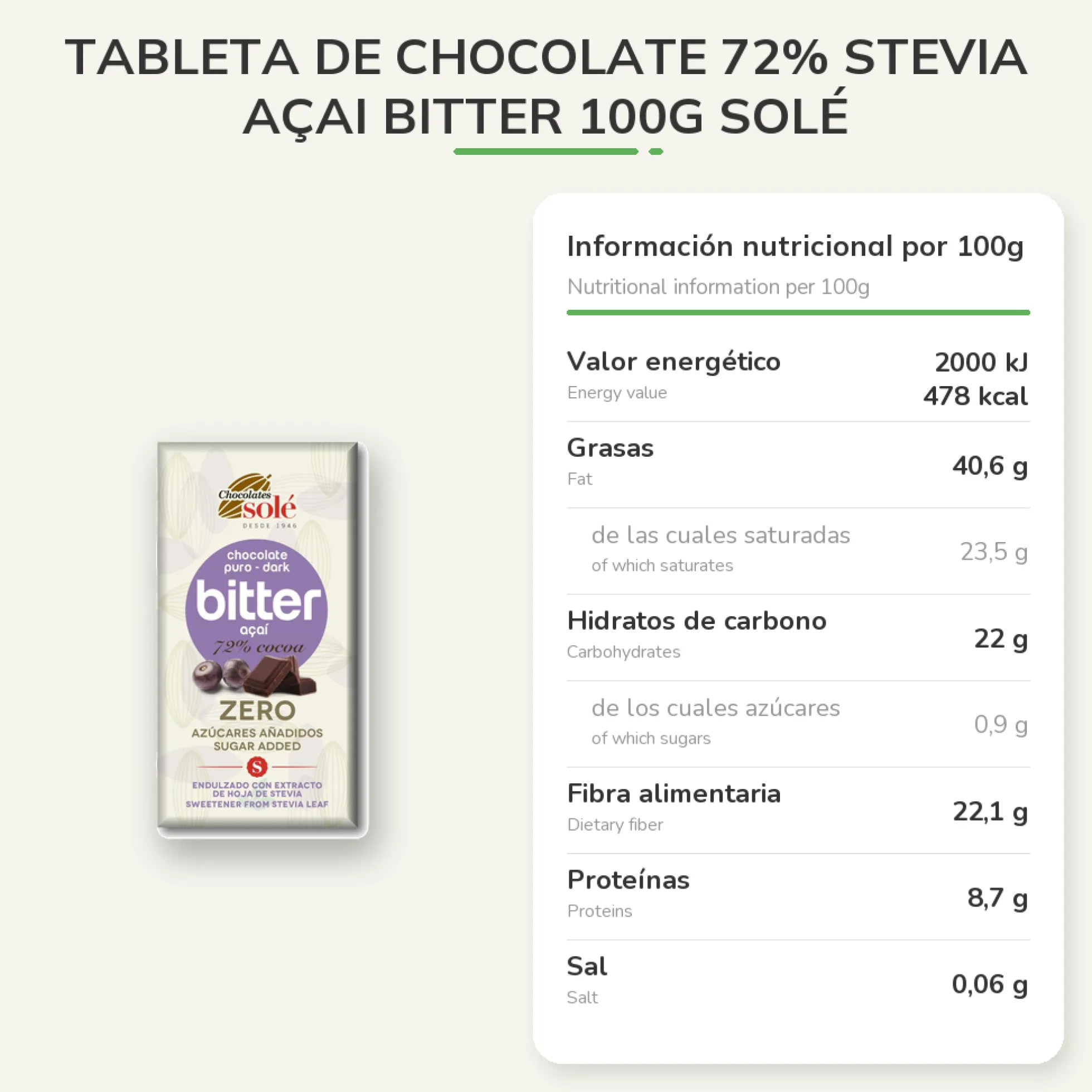 Tableta de chocolate 72% Stevia Açai Bitter 100g Solé
