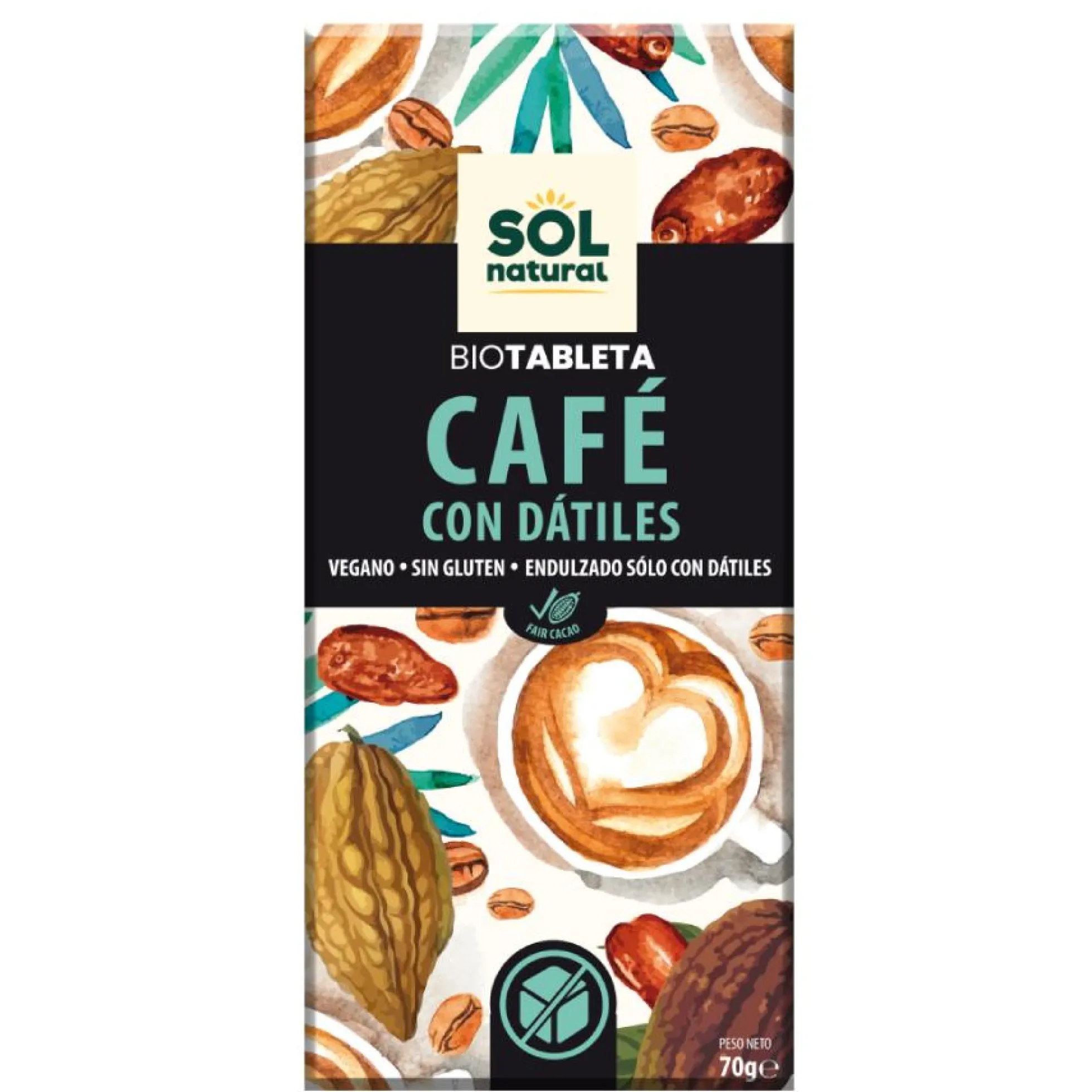 Tableta de Chocolate Vegano de Café con Dátiles Bio Sol Natural 70 gr