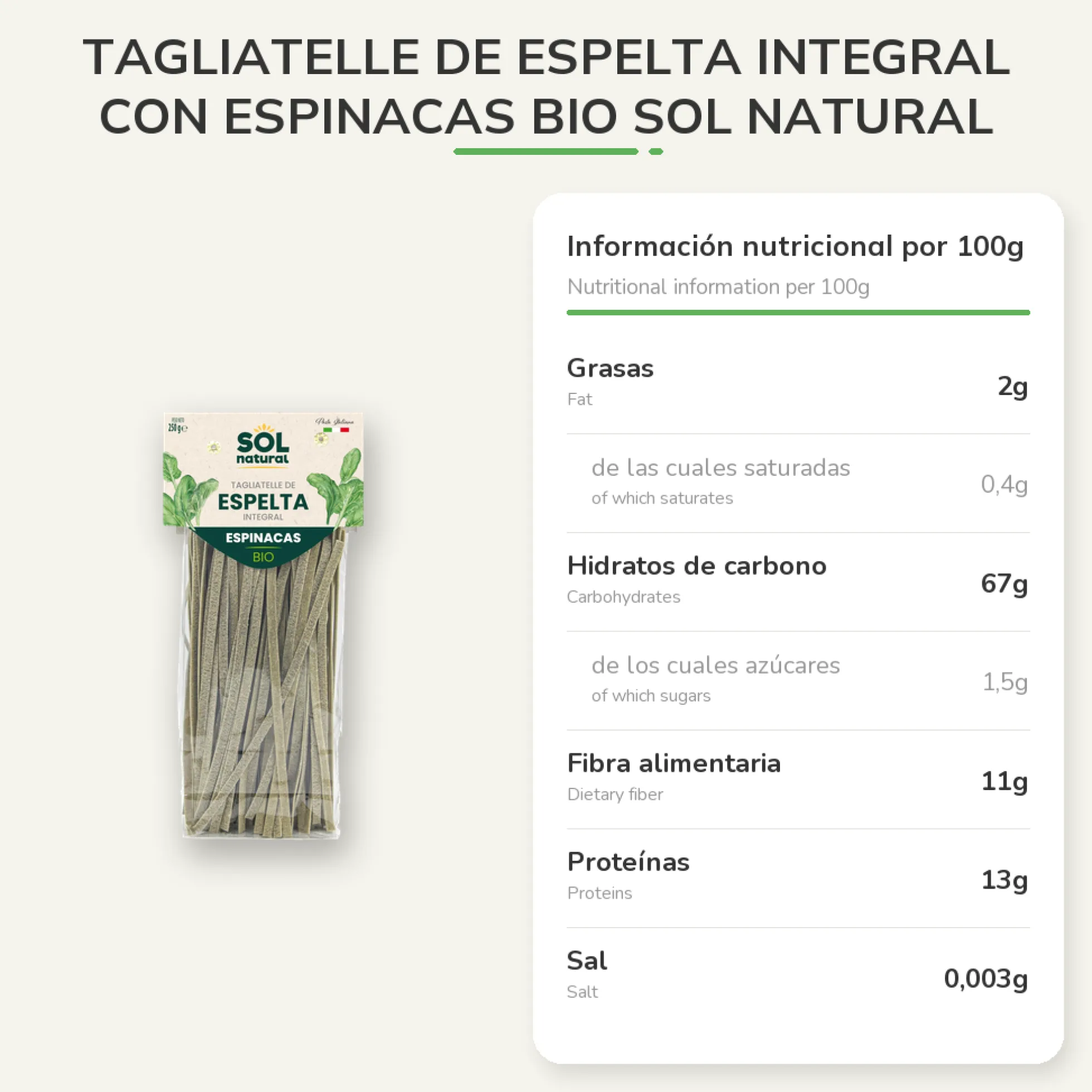 Tagliatelle de Espelta Integral con Espinacas BIO Sol Natural 250g
