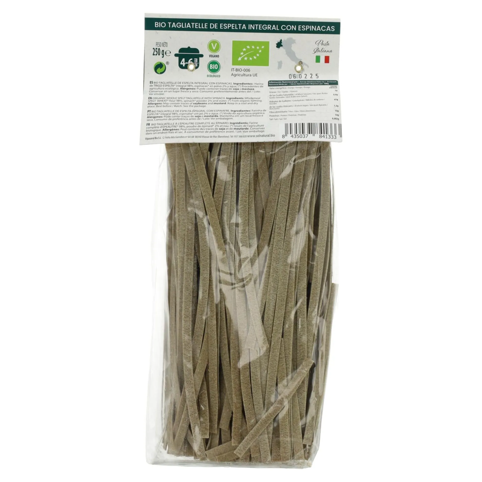 Tagliatelle de Espelta Integral con Espinacas BIO Sol Natural 250g