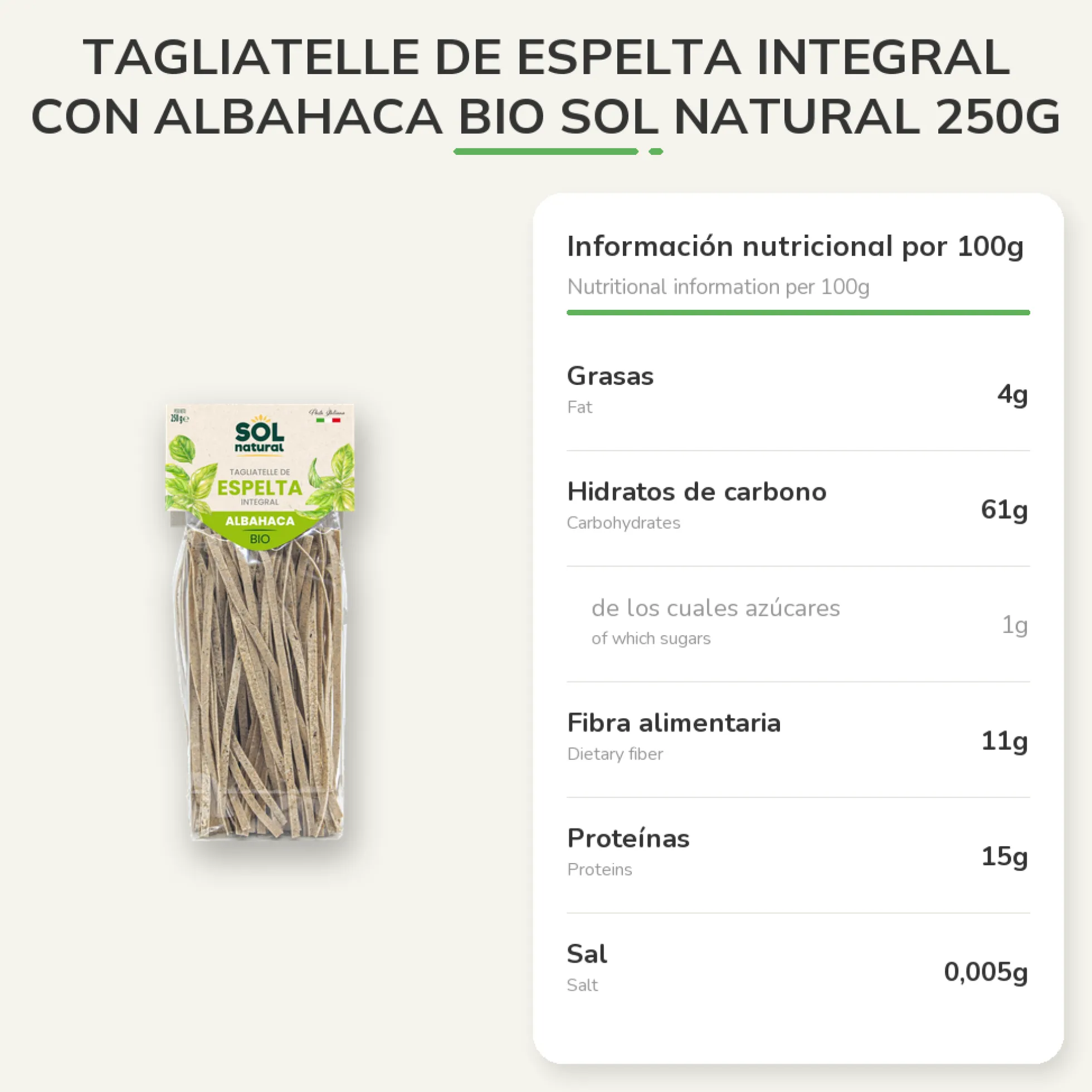 Tagliatelle de Espelta Integral con Albahaca BIO Sol Natural 250g