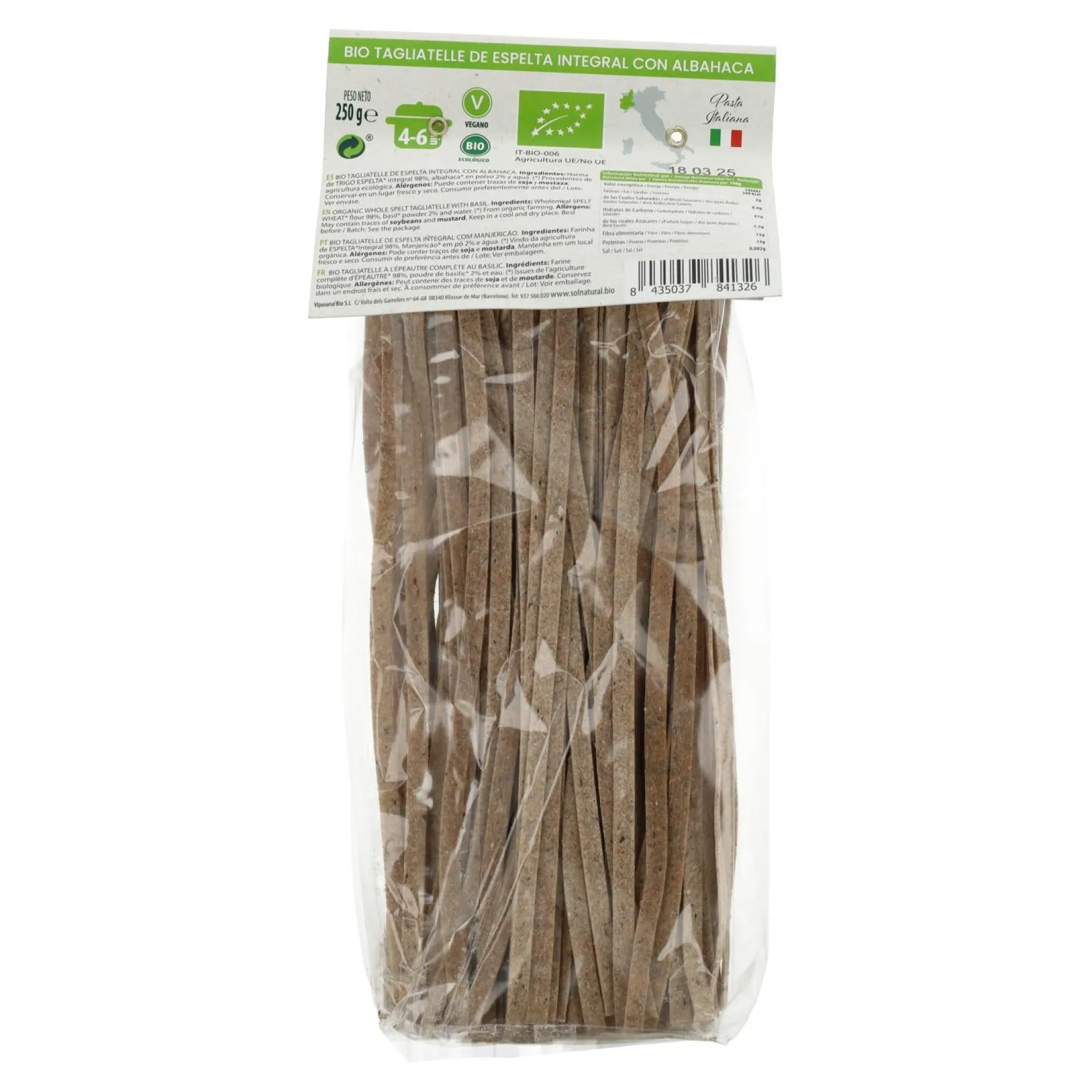 Tagliatelle de Espelta Integral con Albahaca BIO Sol Natural 250g