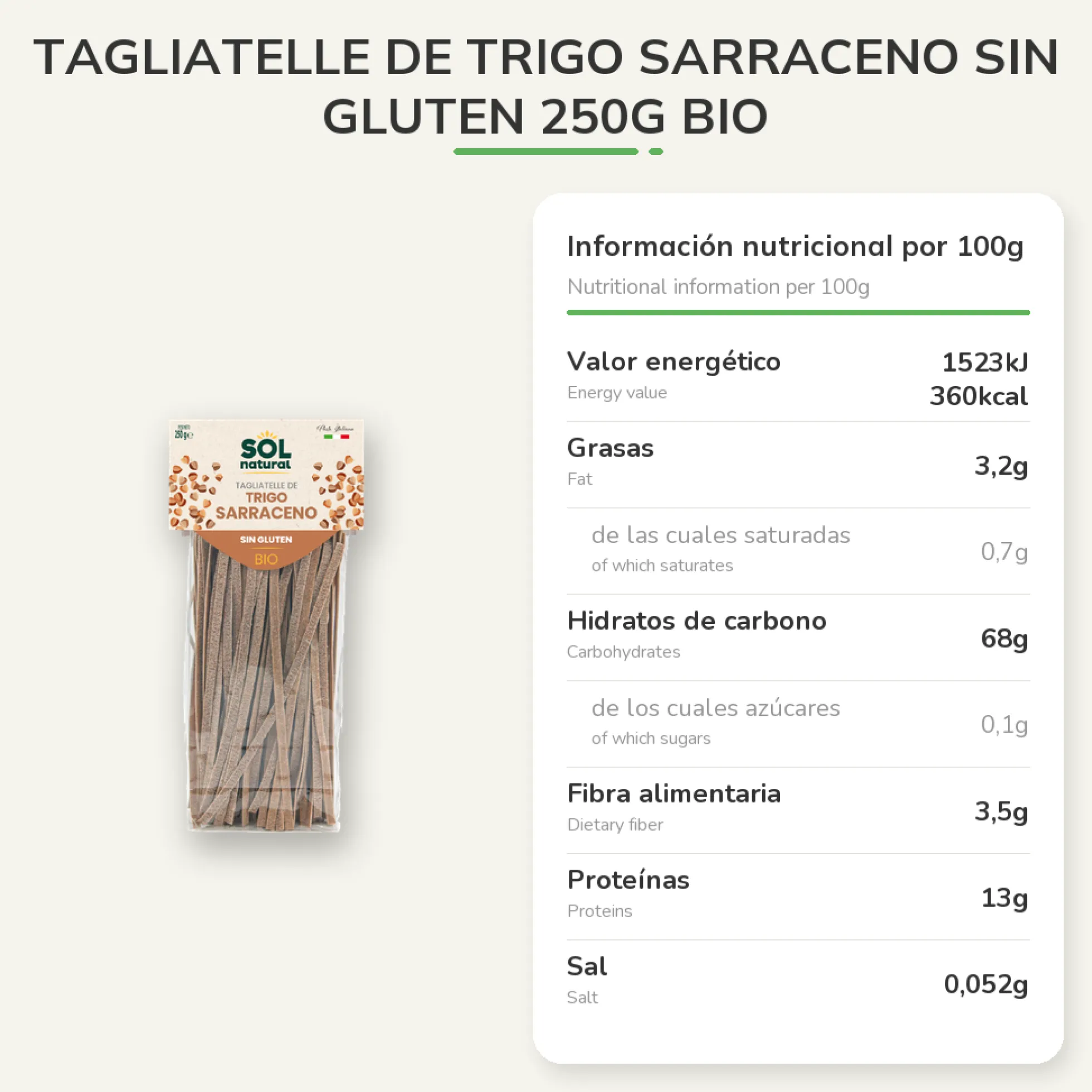 Tagliatelle de trigo sarraceno sin gluten 250g BIO