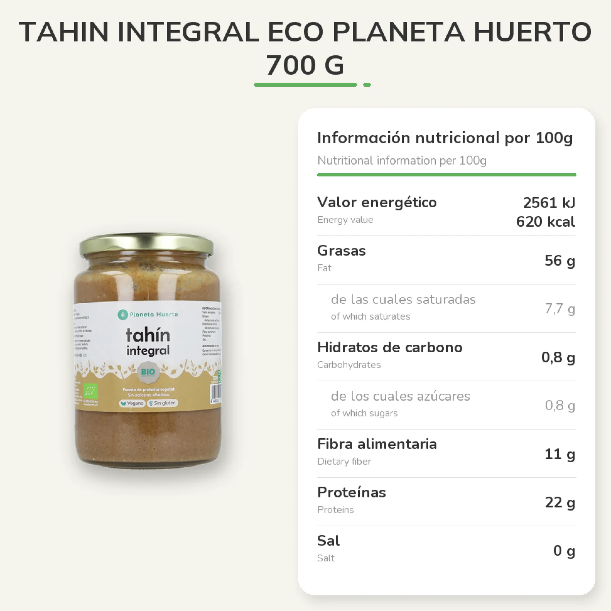 Tahin Integral ECO Planeta Huerto 700 g