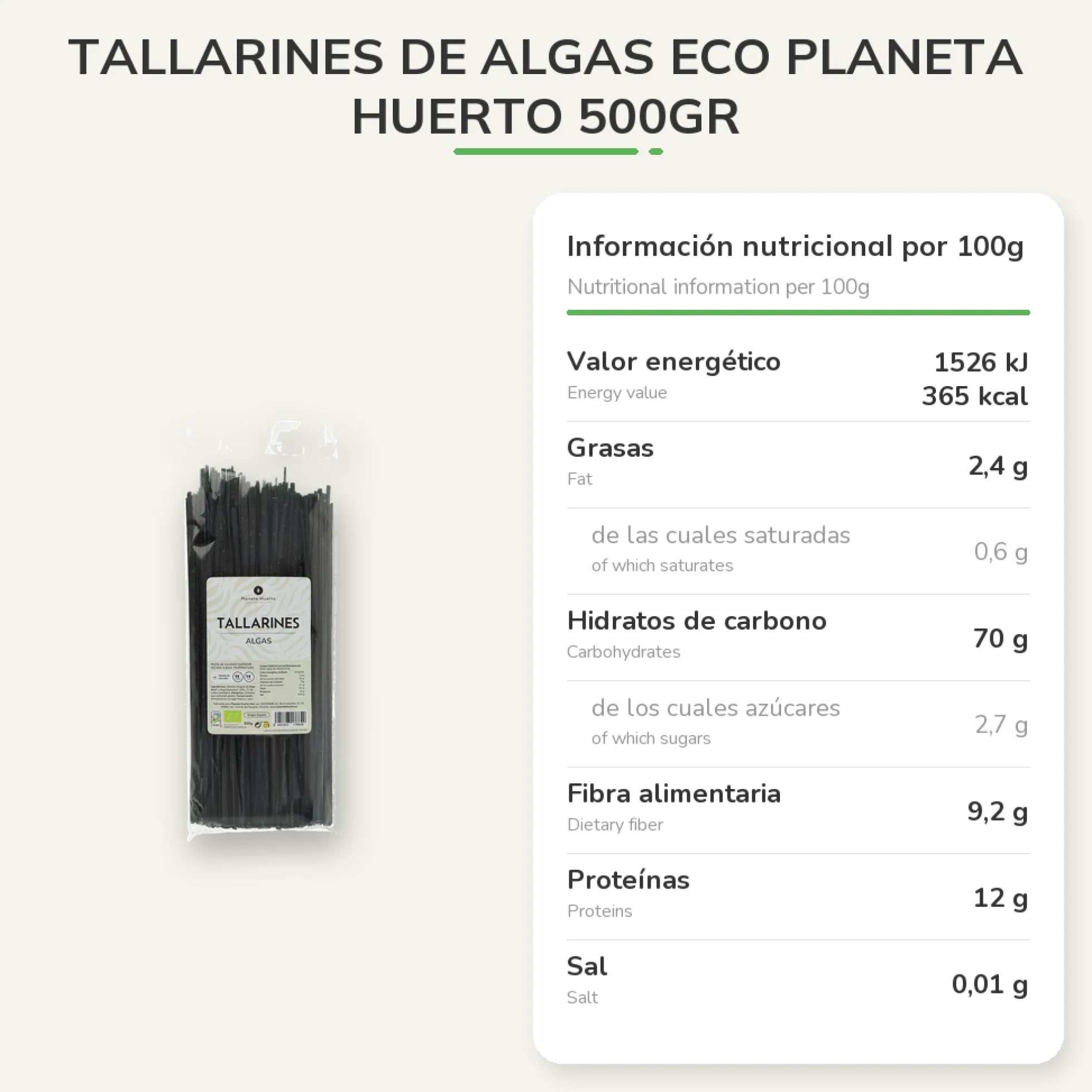 Tallarines de algas ECO Planeta Huerto 500gr