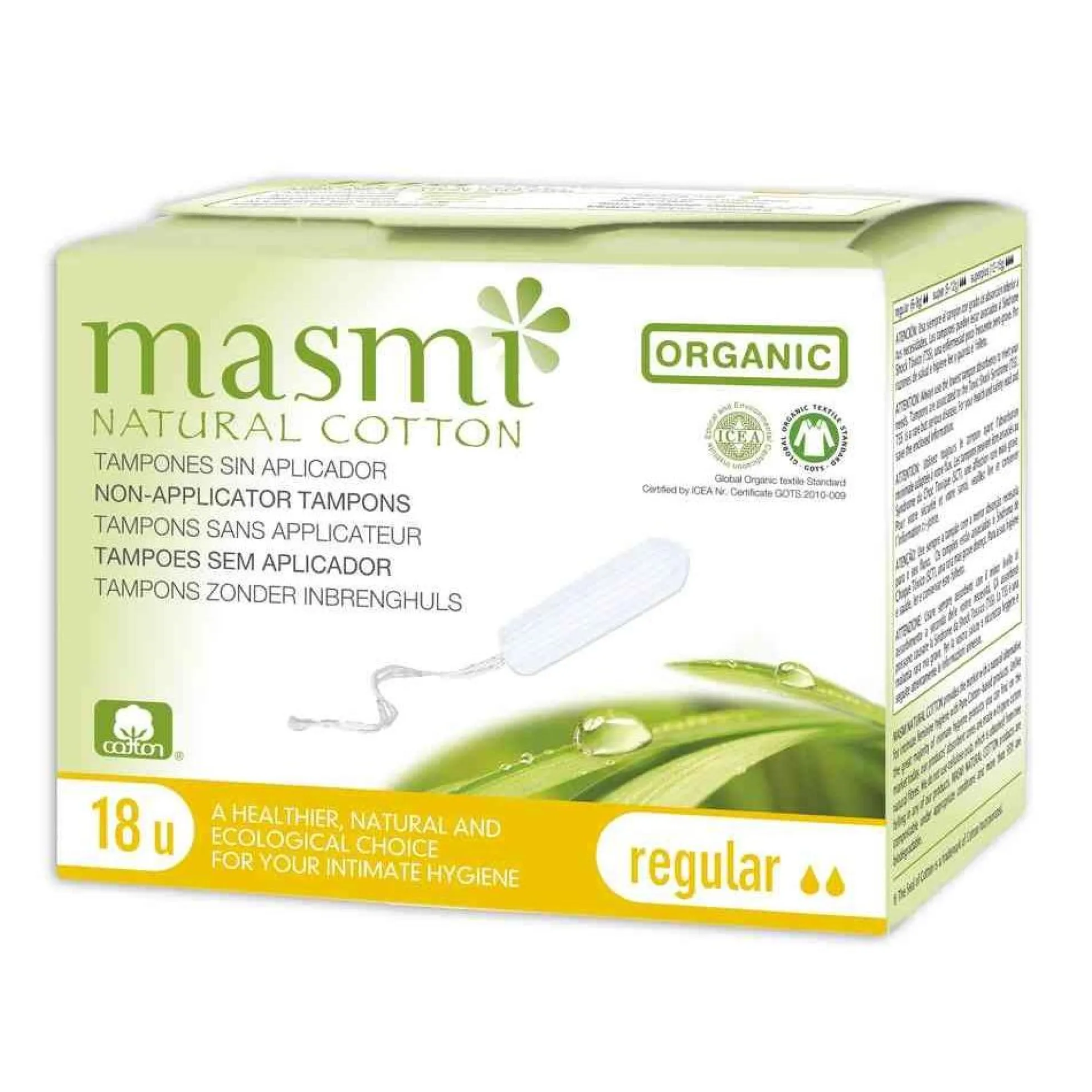 Tampón regular sin aplicador algodón ECO Masmi, 18 unidades