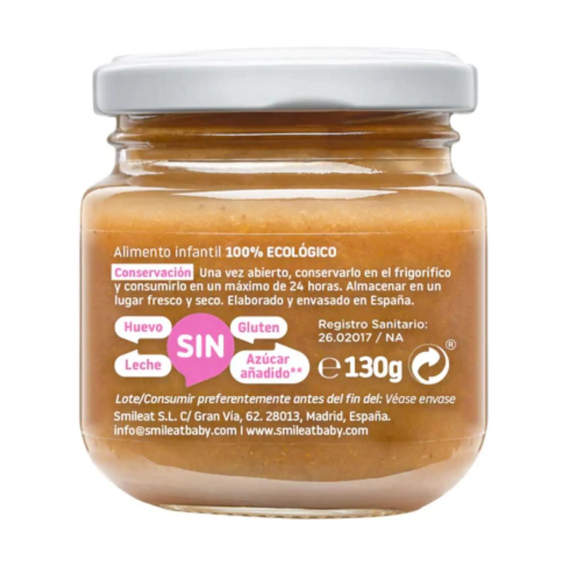 Tarrito de Frambuesa y Melocotón Ecológico Smileat, 130g