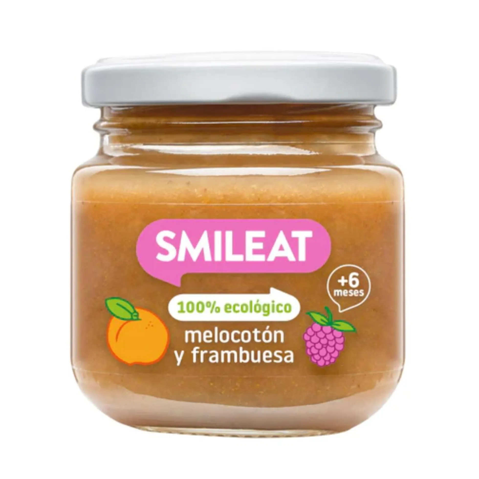 Tarrito de Frambuesa y Melocotón Ecológico Smileat, 130g