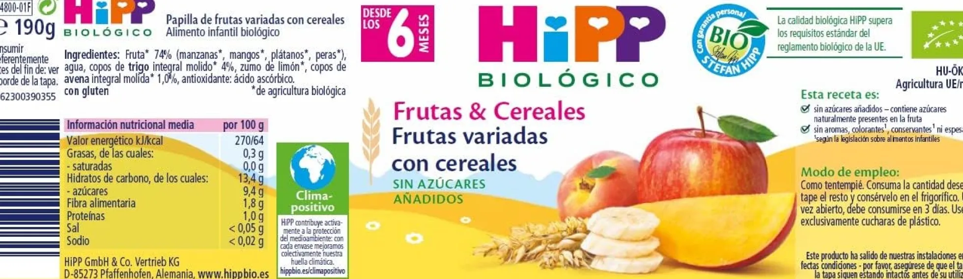 Tarrito de frutas variadas con cereales bio +6 meses HiPP 190 g