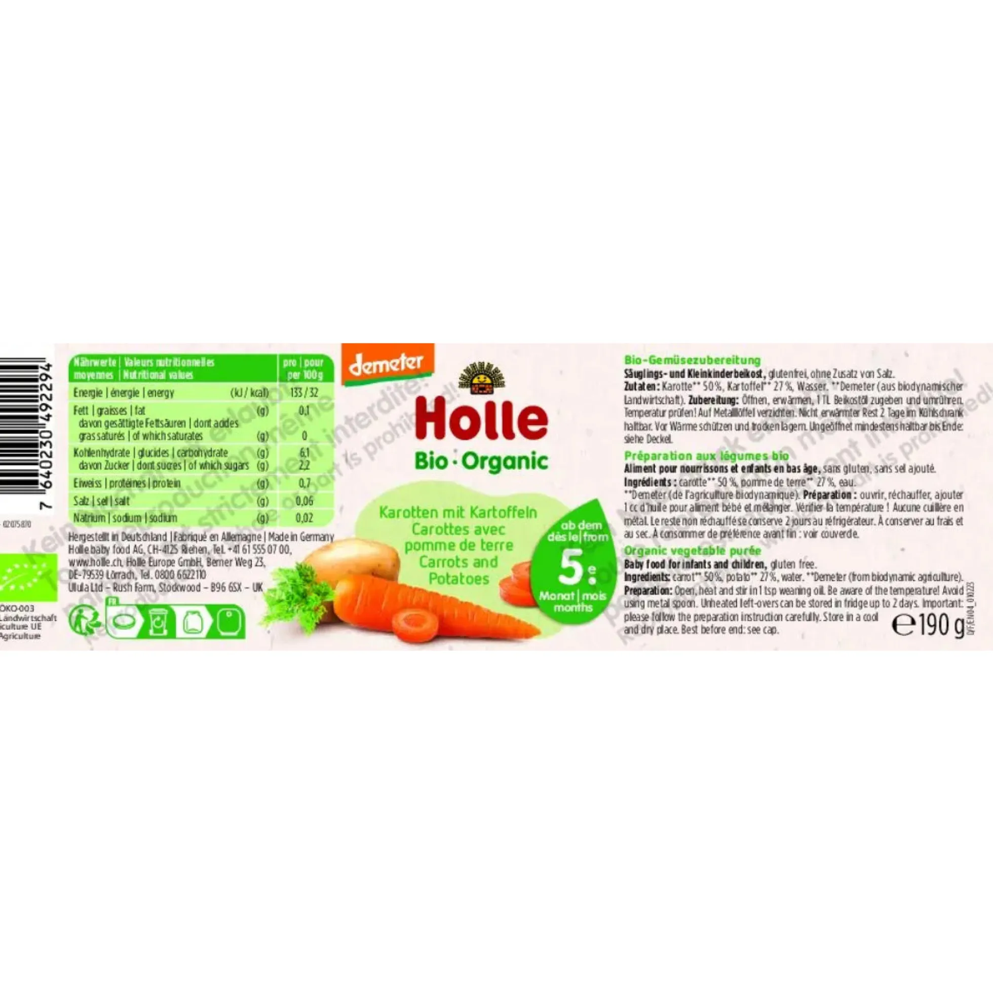 Tarrito de Zanahoria & patata Demeter a partir 7 meses Holle 190gr