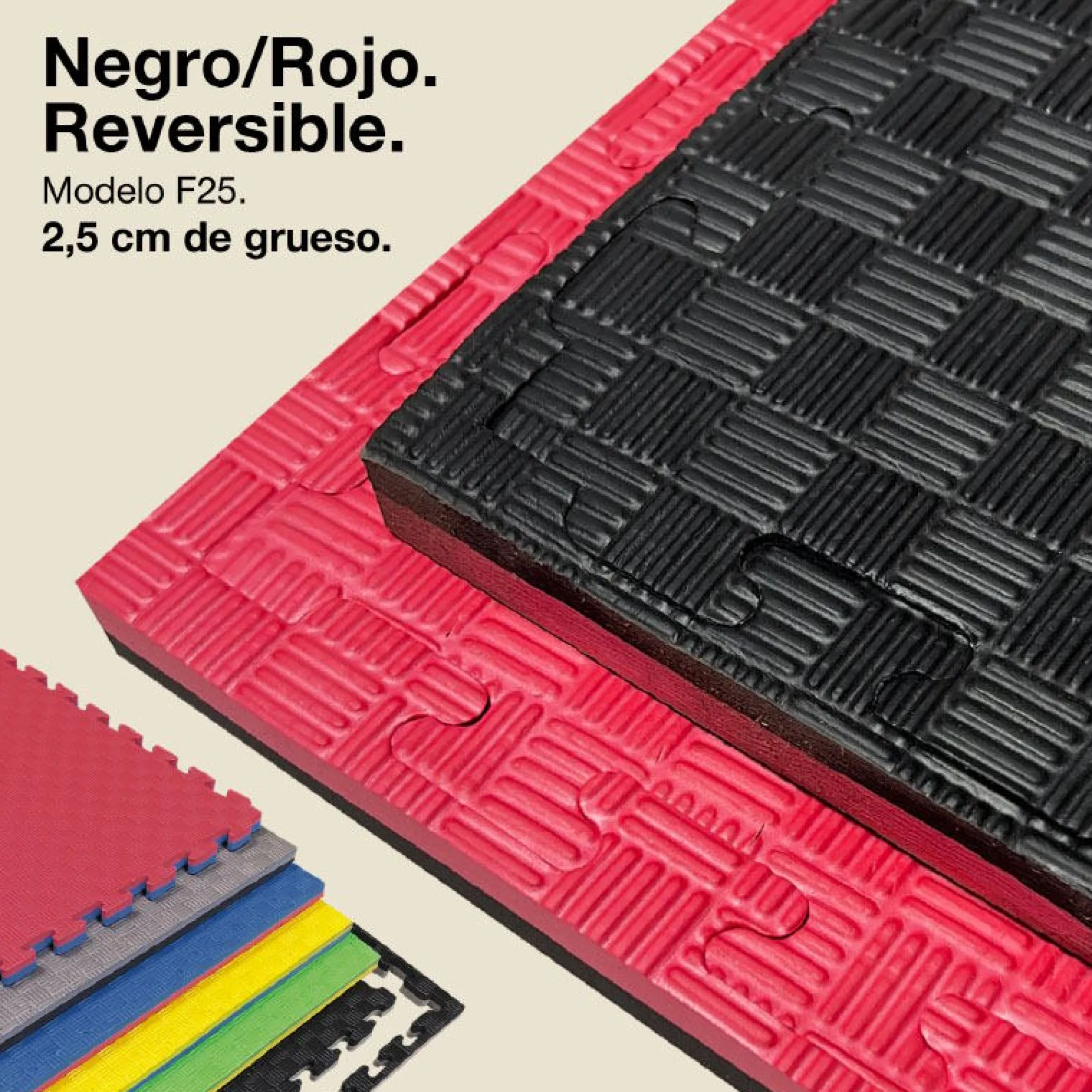 Tatami Puzzle 2,5cm 100x100cm, Pack 4 Unidades – Superficie 5 Líneas Negro/rojo Jowy