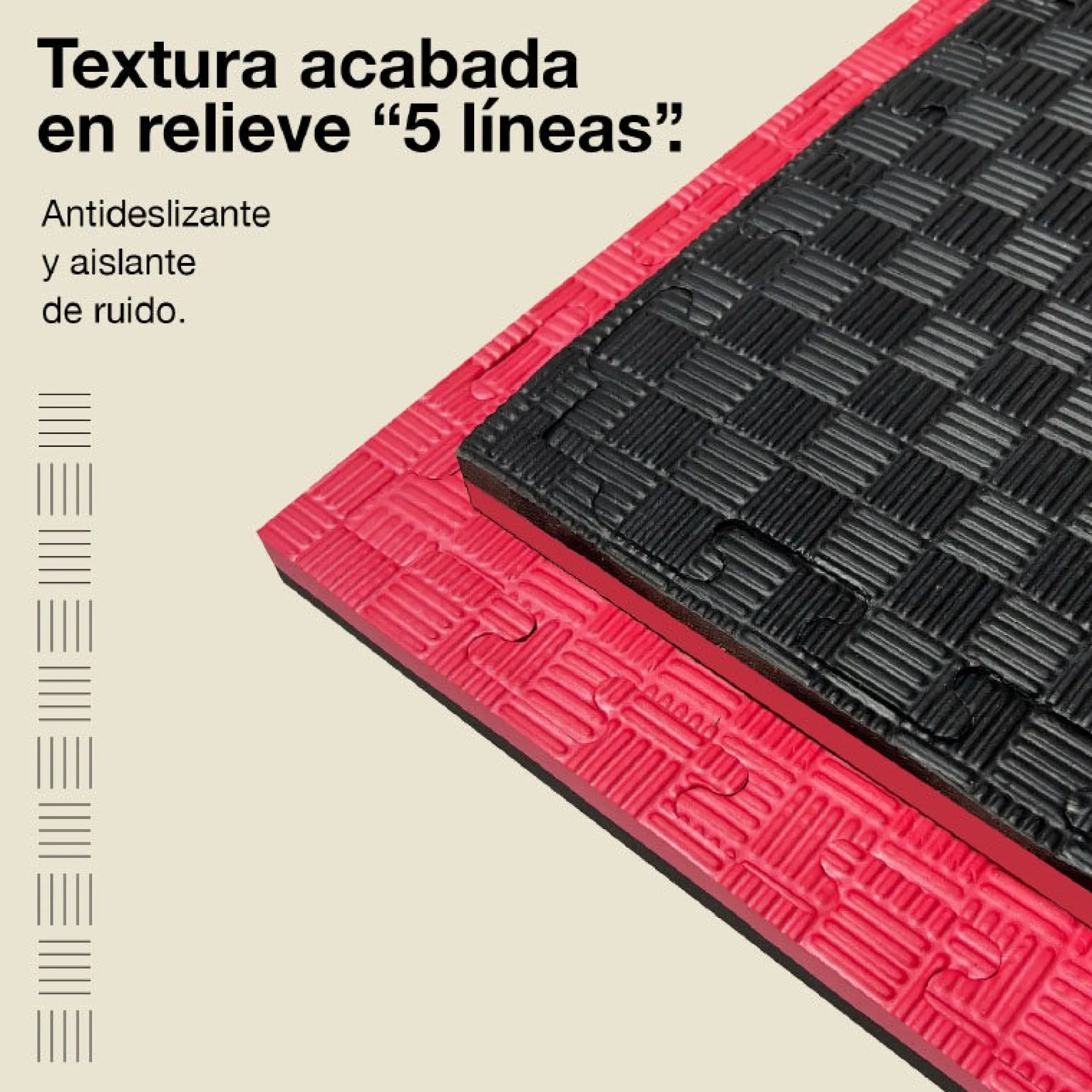 Tatami Puzzle 2,5cm 100x100cm, Pack 4 Unidades – Superficie 5 Líneas Negro/rojo Jowy