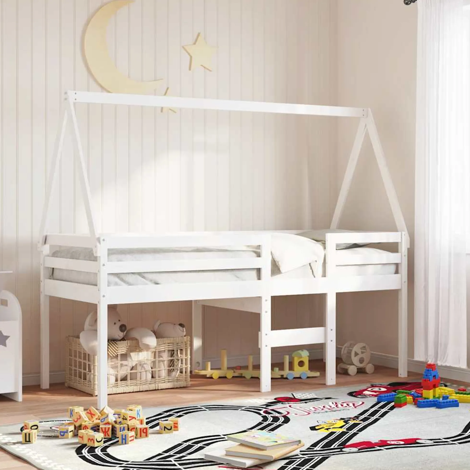 Techo De Cama Infantil Madera Maciza Blanco 209x95,5x88 Cm