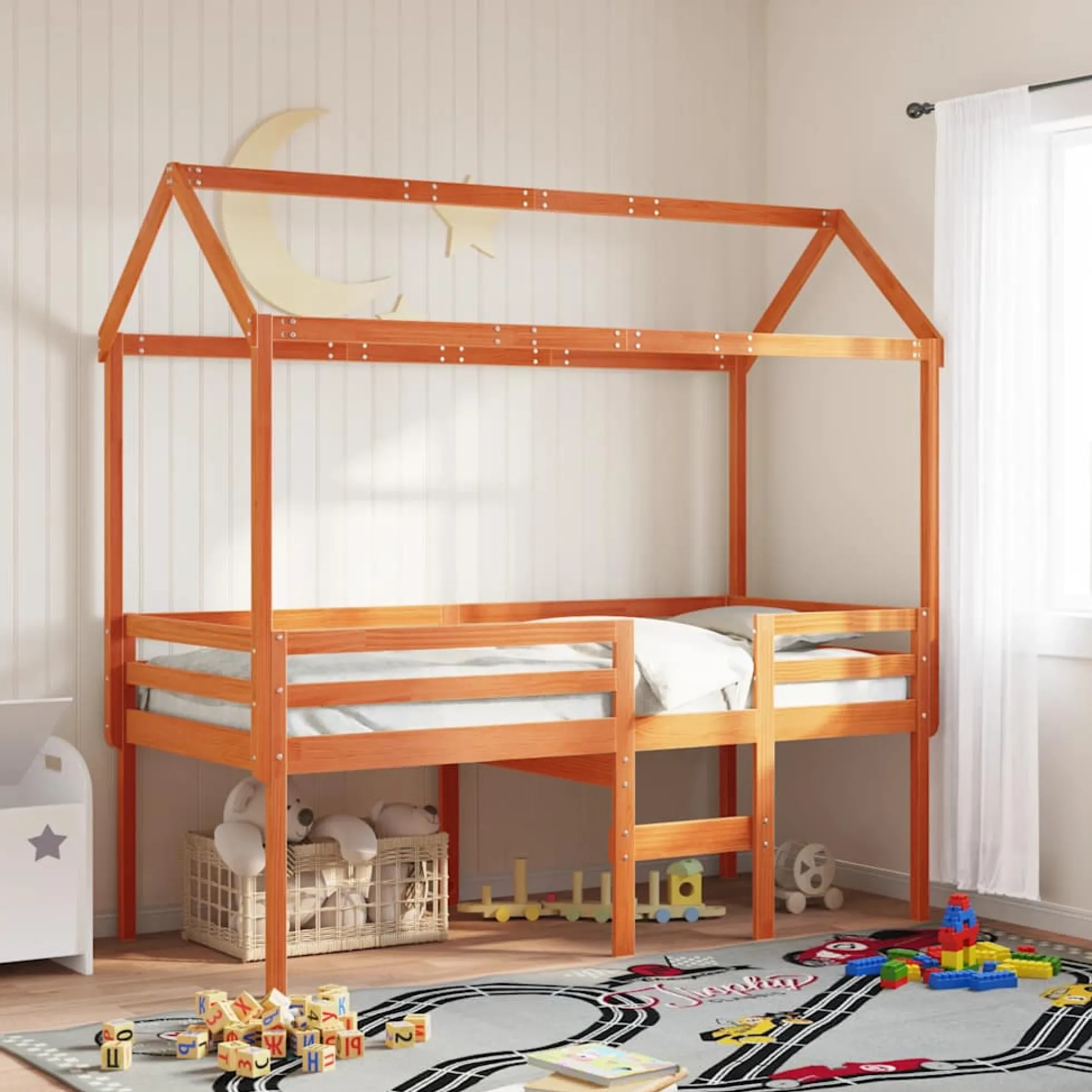 Techo De Cama Infantil Madera Maciza Marrón 217x95,5x159 Cm