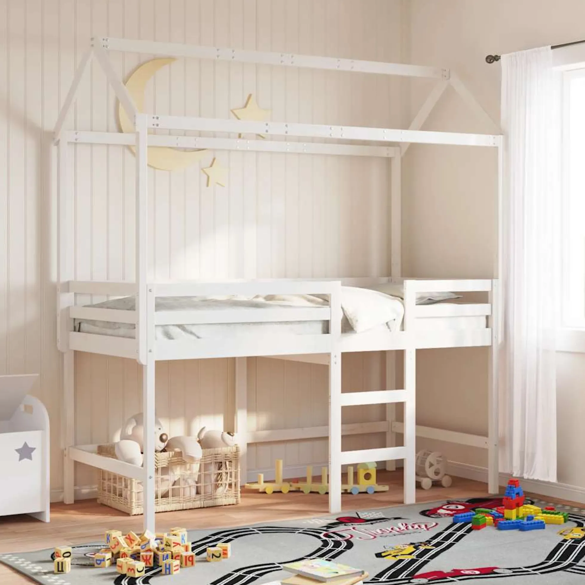 Techo De Cama Infantil Madera Maciza Blanco 207x95,5x159 Cm
