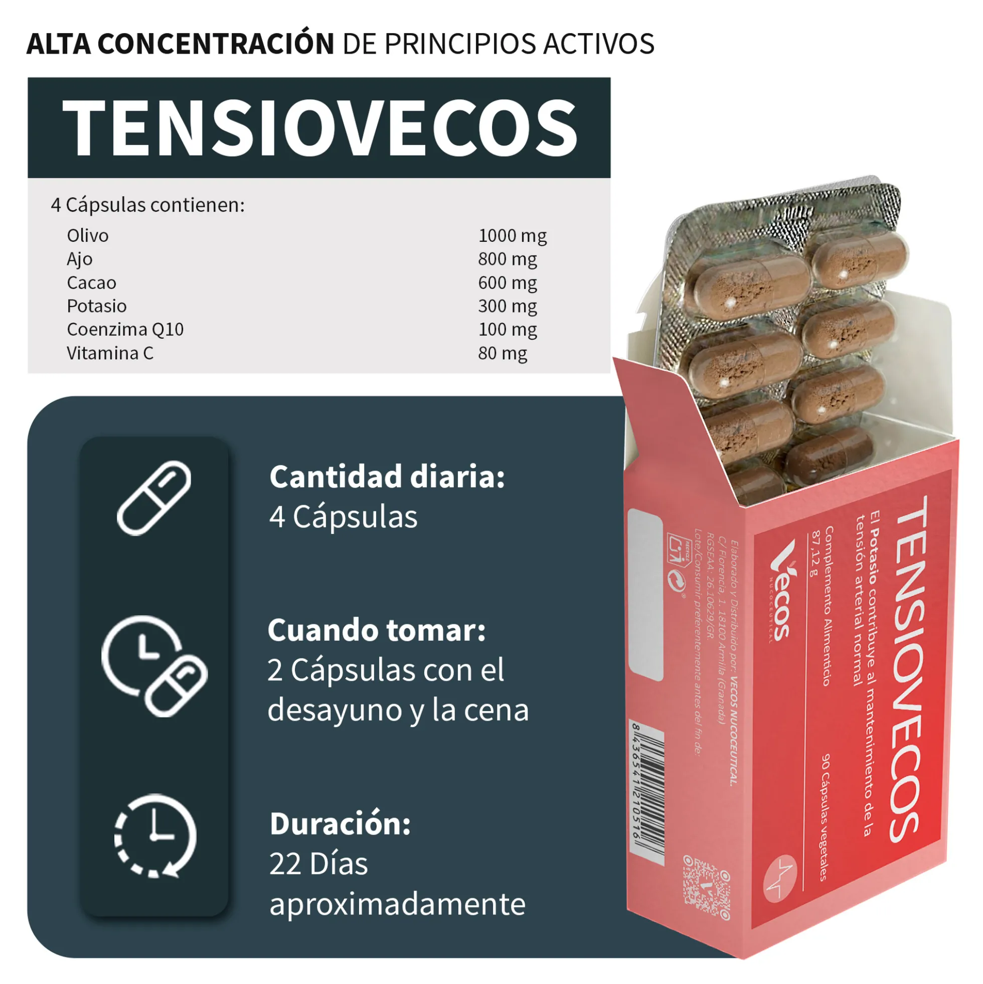Tensiovecos Vecos 90 Cápsulas | Corazon Saludable Y Antioxidantes | Potasio + Olivo + Ajo